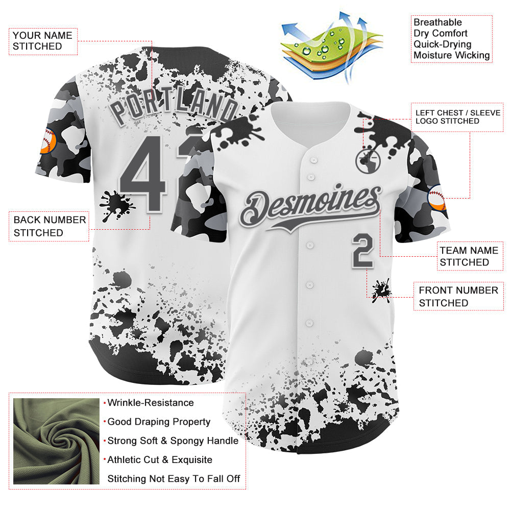 Custom White Steel Gray-Black Splatter Camo Two Tone Authentic Baseball Jersey baseball jersey product view 3