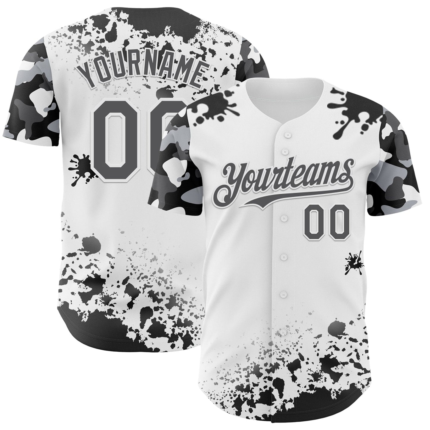 Custom White Steel Gray-Black Splatter Camo Two Tone Authentic Baseball Jersey baseball jersey product view 1