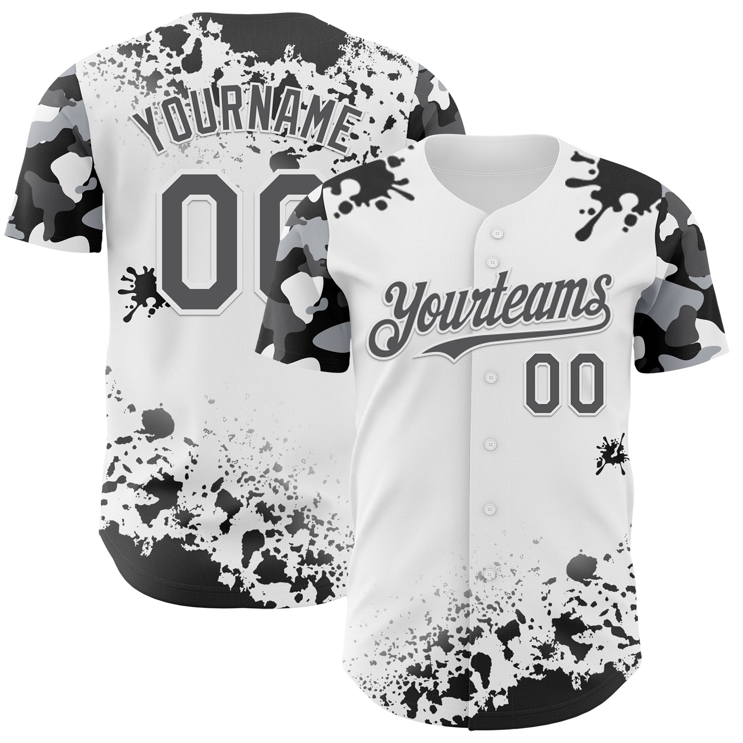Custom White Steel Gray-Black Splatter Camo Two Tone Authentic Baseball Jersey baseball jersey product view 1
