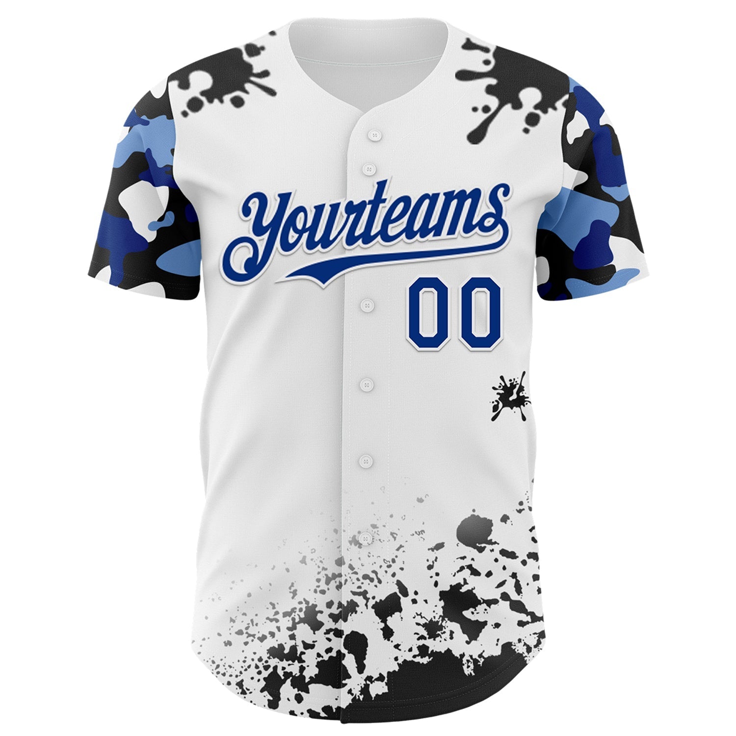Custom White Royal-Black Splatter Camo Two Tone Authentic Baseball Jersey baseball jersey product view 2
