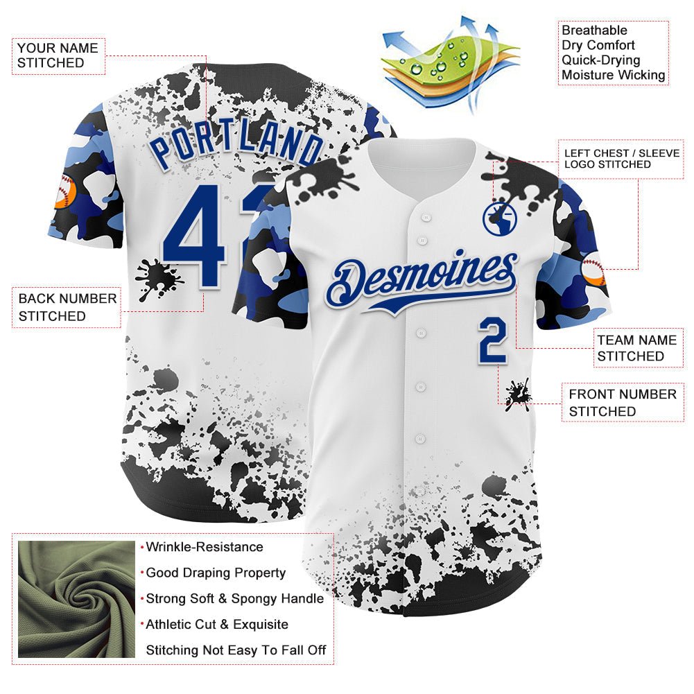 Custom White Royal-Black Splatter Camo Two Tone Authentic Baseball Jersey baseball jersey product view 3