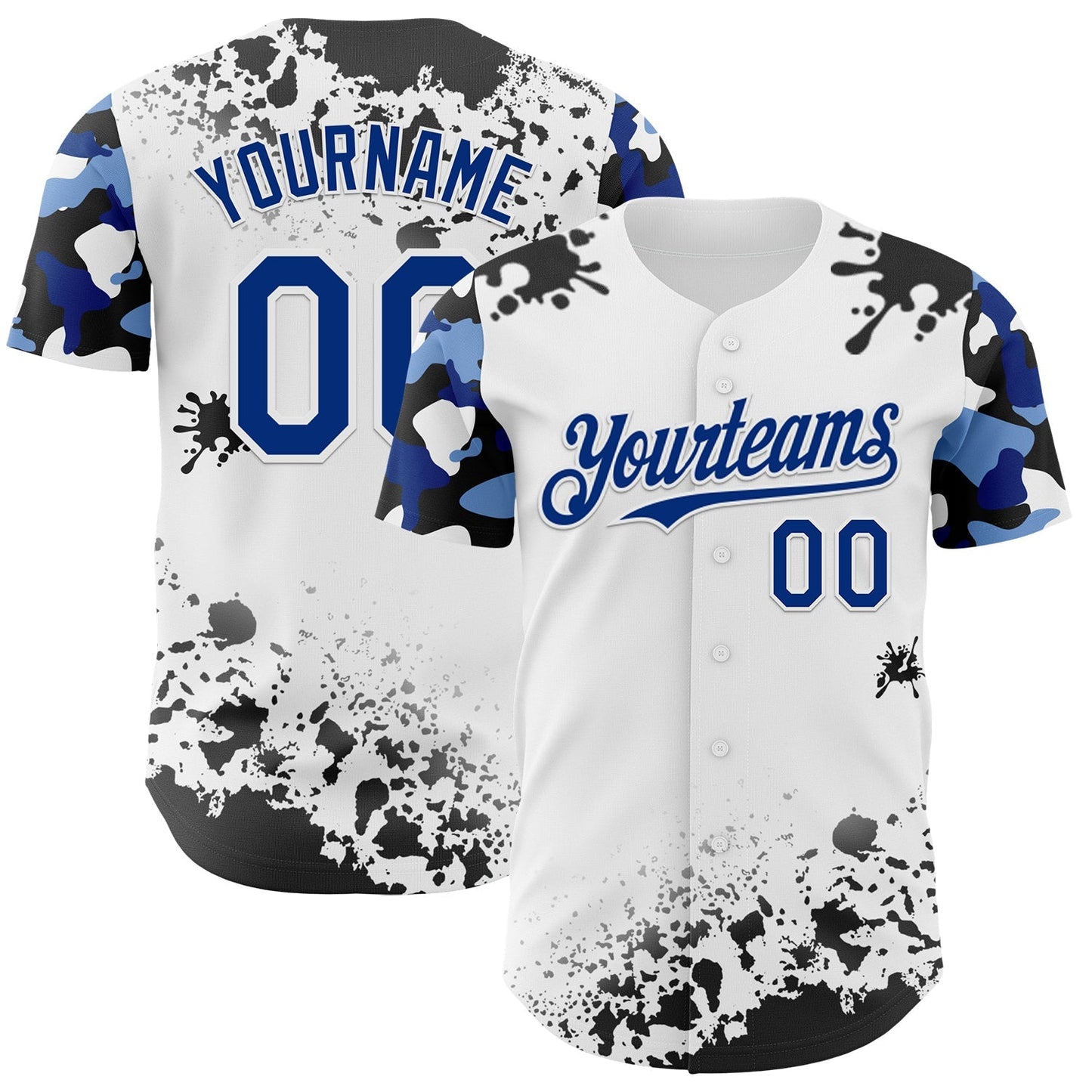 Custom White Royal-Black Splatter Camo Two Tone Authentic Baseball Jersey baseball jersey product view 1