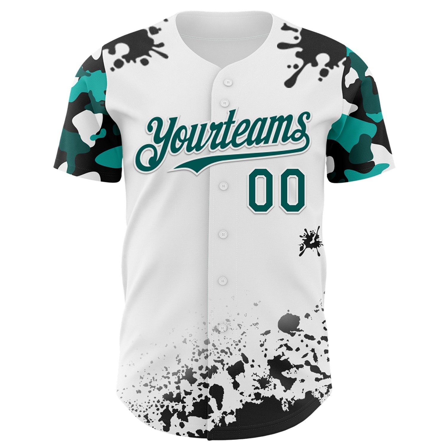 Custom White Midnight Green-Black Splatter Camo Two Tone Authentic Baseball Jersey baseball jersey product view 2