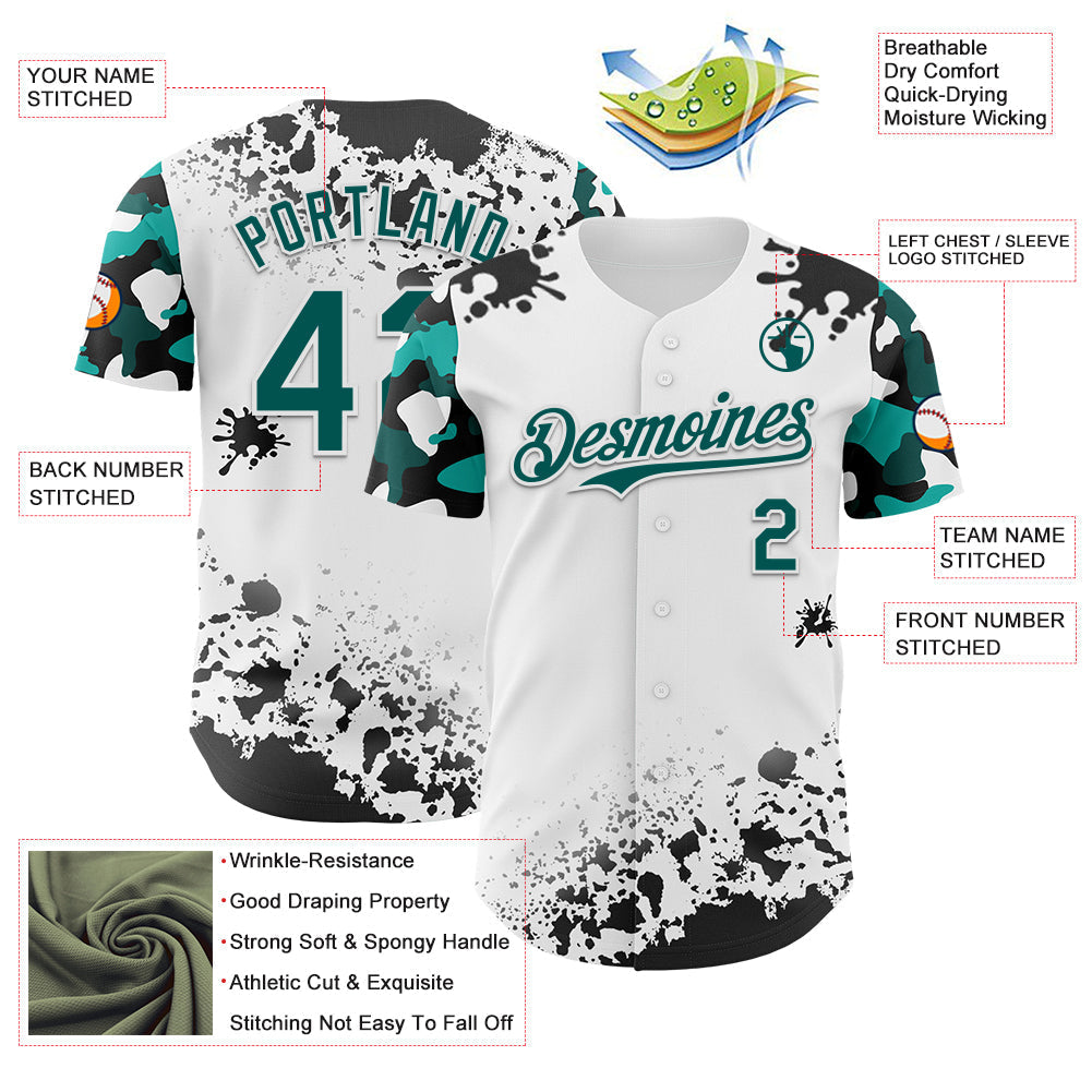 Custom White Midnight Green-Black Splatter Camo Two Tone Authentic Baseball Jersey baseball jersey product view 3