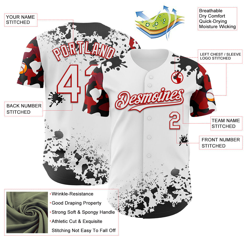Custom White Red-Black Splatter Camo Two Tone Authentic Baseball Jersey baseball jersey product view 3