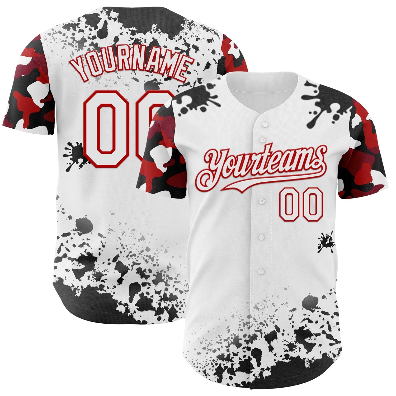Custom White Red-Black Splatter Camo Two Tone Authentic Baseball Jersey baseball jersey product view 1
