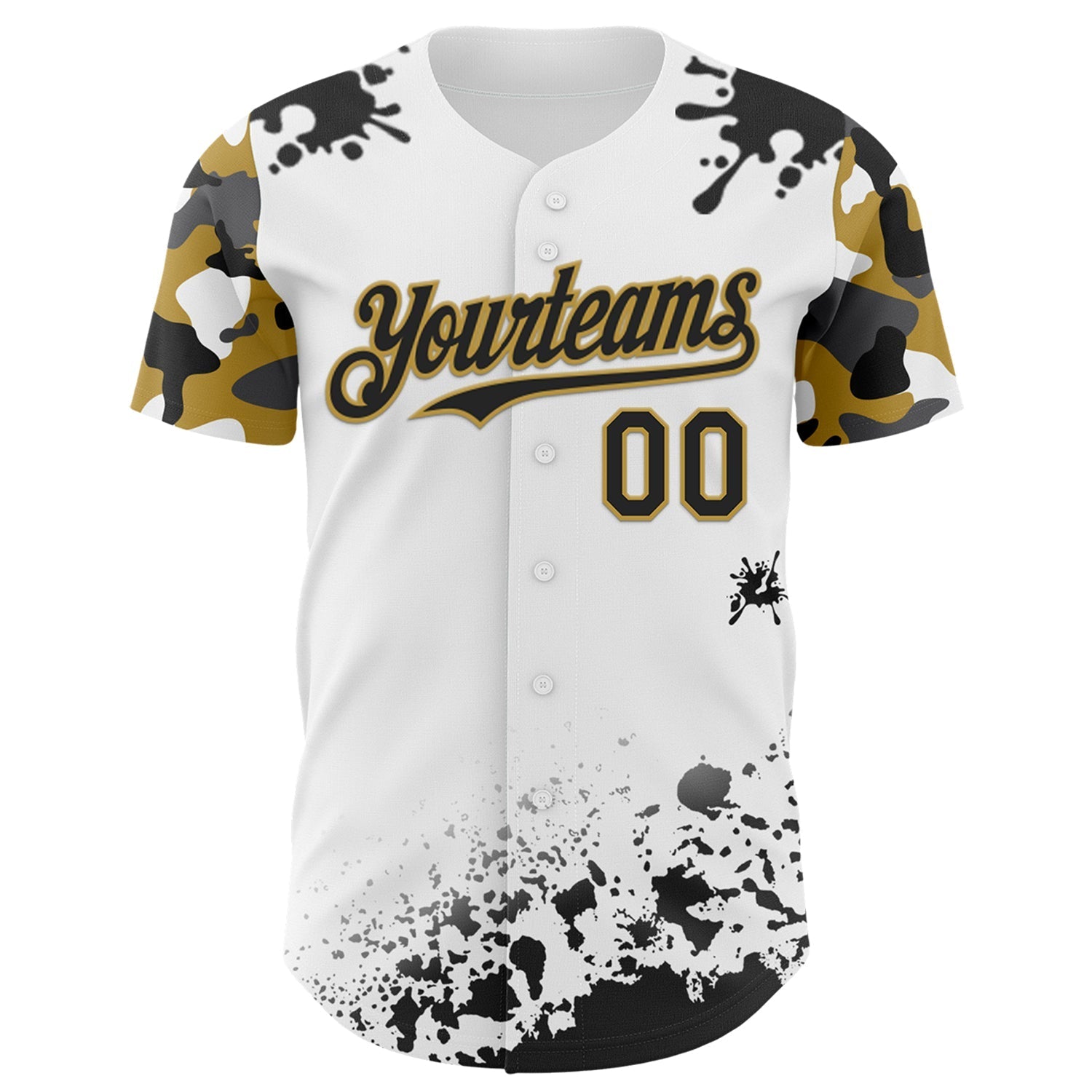 Custom White Black-Old Gold Splatter Camo Two Tone Authentic Baseball Jersey baseball jersey product view 2