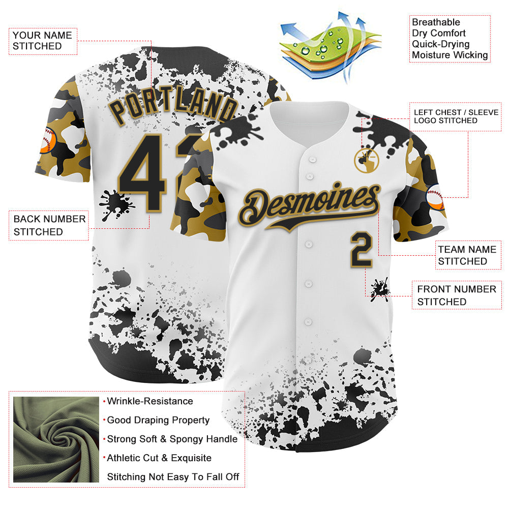 Custom White Black-Old Gold Splatter Camo Two Tone Authentic Baseball Jersey baseball jersey product view 3