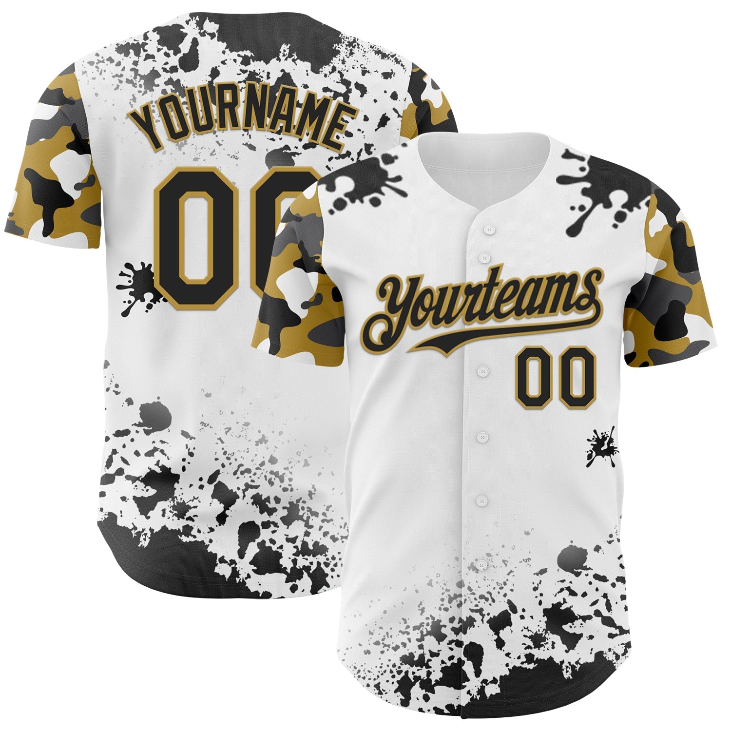 Custom White Black-Old Gold Splatter Camo Two Tone Authentic Baseball Jersey baseball jersey product view 1
