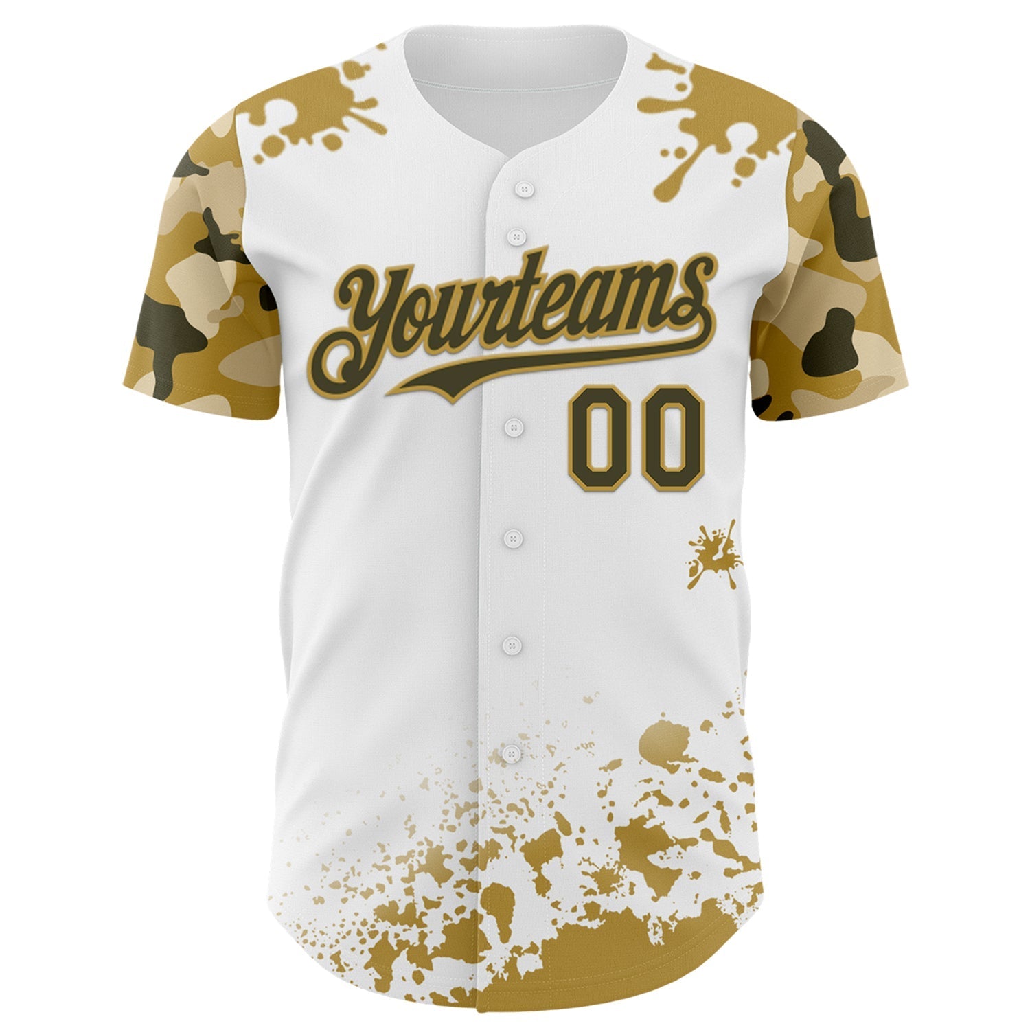 Custom White Olive-Old Gold Splatter Camo Two Tone Authentic Baseball Jersey baseball jersey product view 2