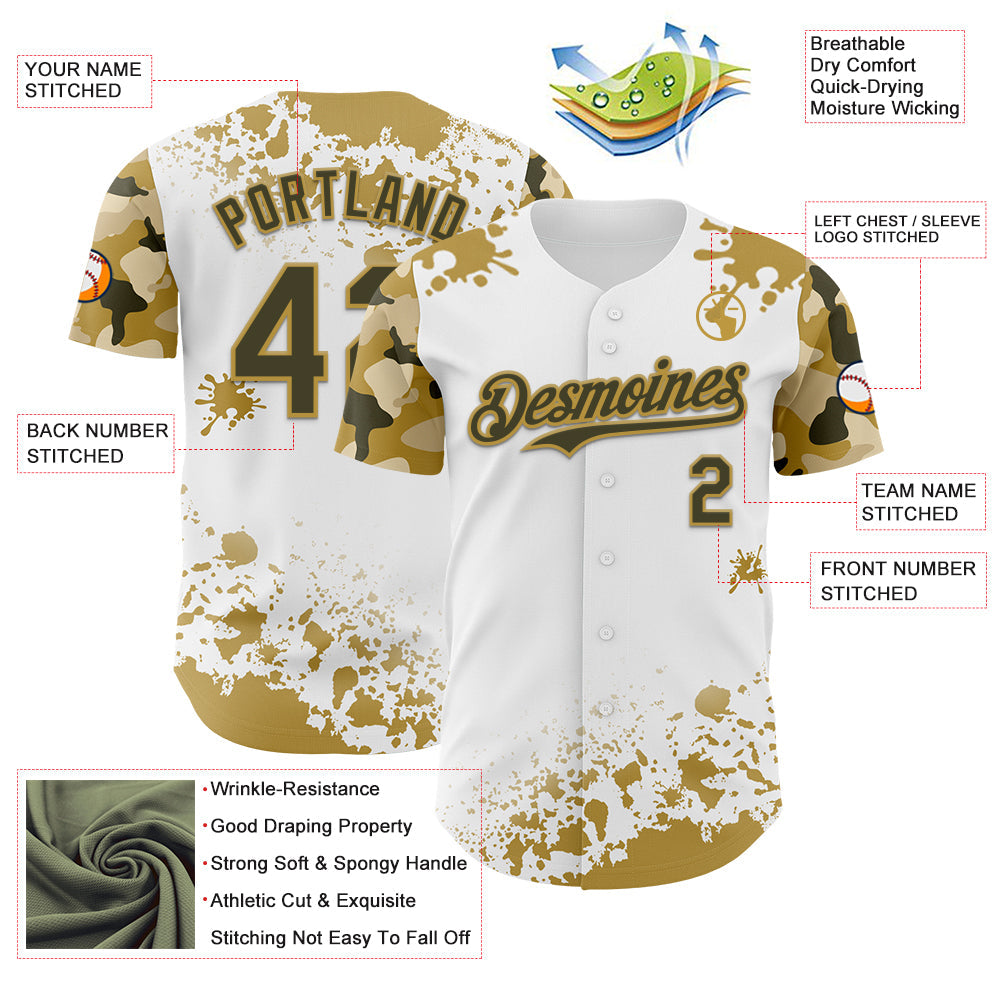 Custom White Olive-Old Gold Splatter Camo Two Tone Authentic Baseball Jersey baseball jersey product view 3