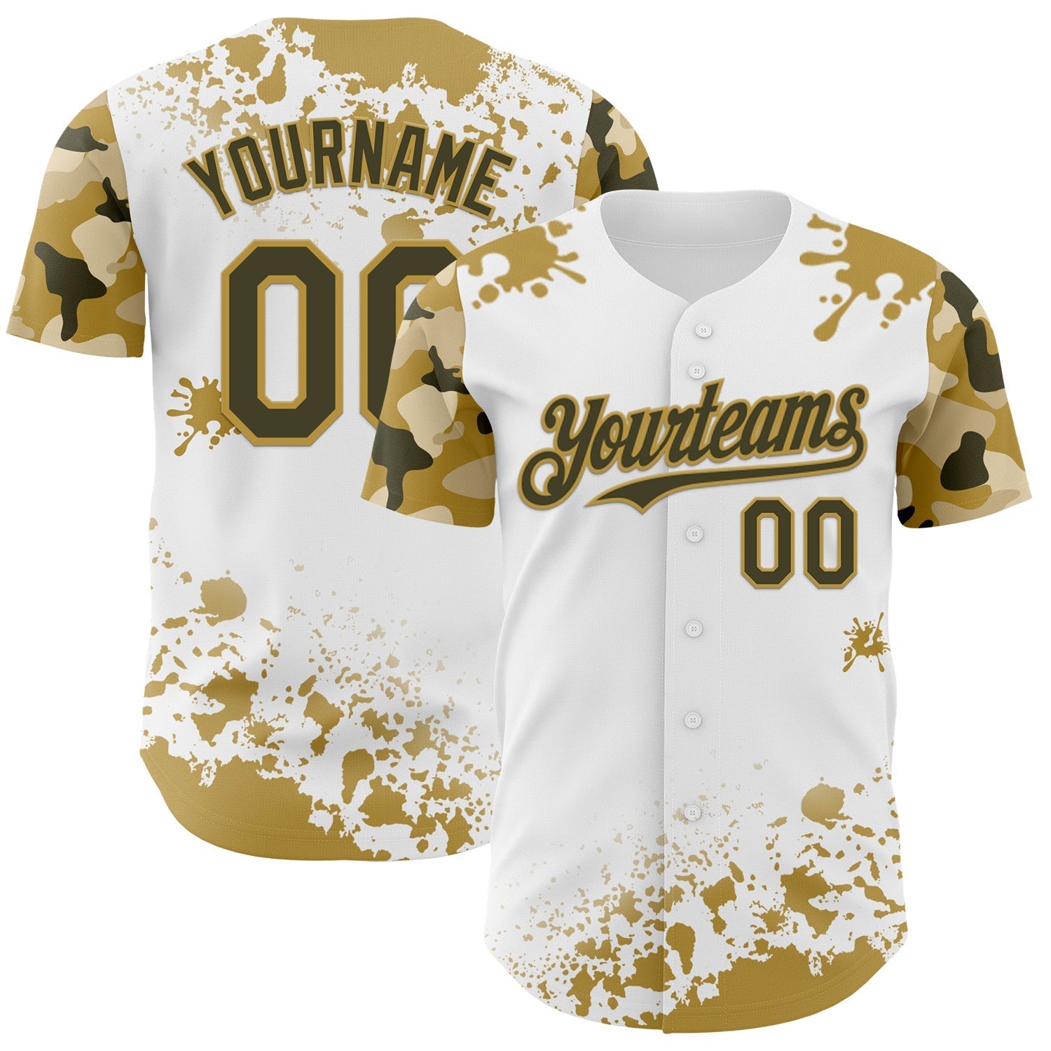 Custom White Olive-Old Gold Splatter Camo Two Tone Authentic Baseball Jersey baseball jersey product view 1