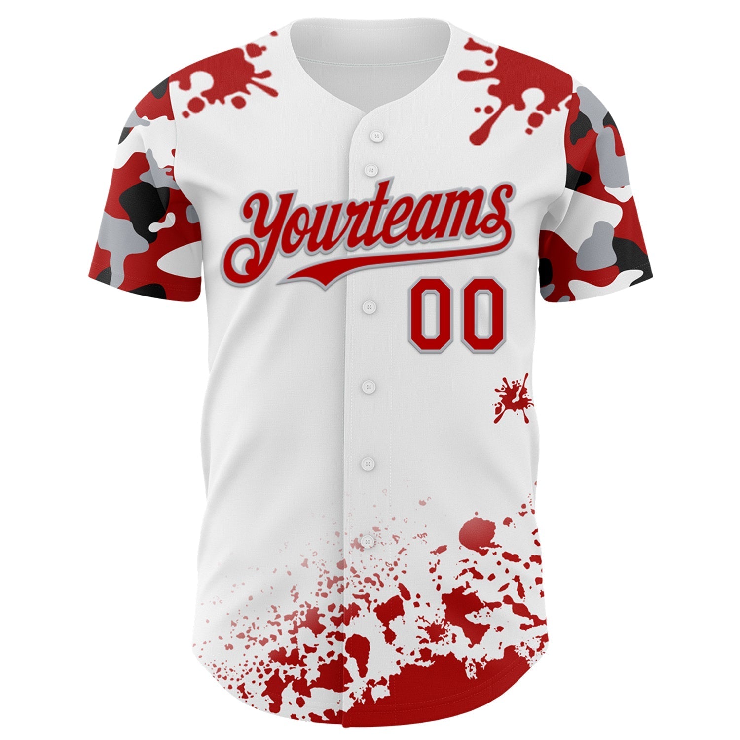 Custom White Red Gray-Black Splatter Camo Two Tone Authentic Baseball Jersey baseball jersey product view 2