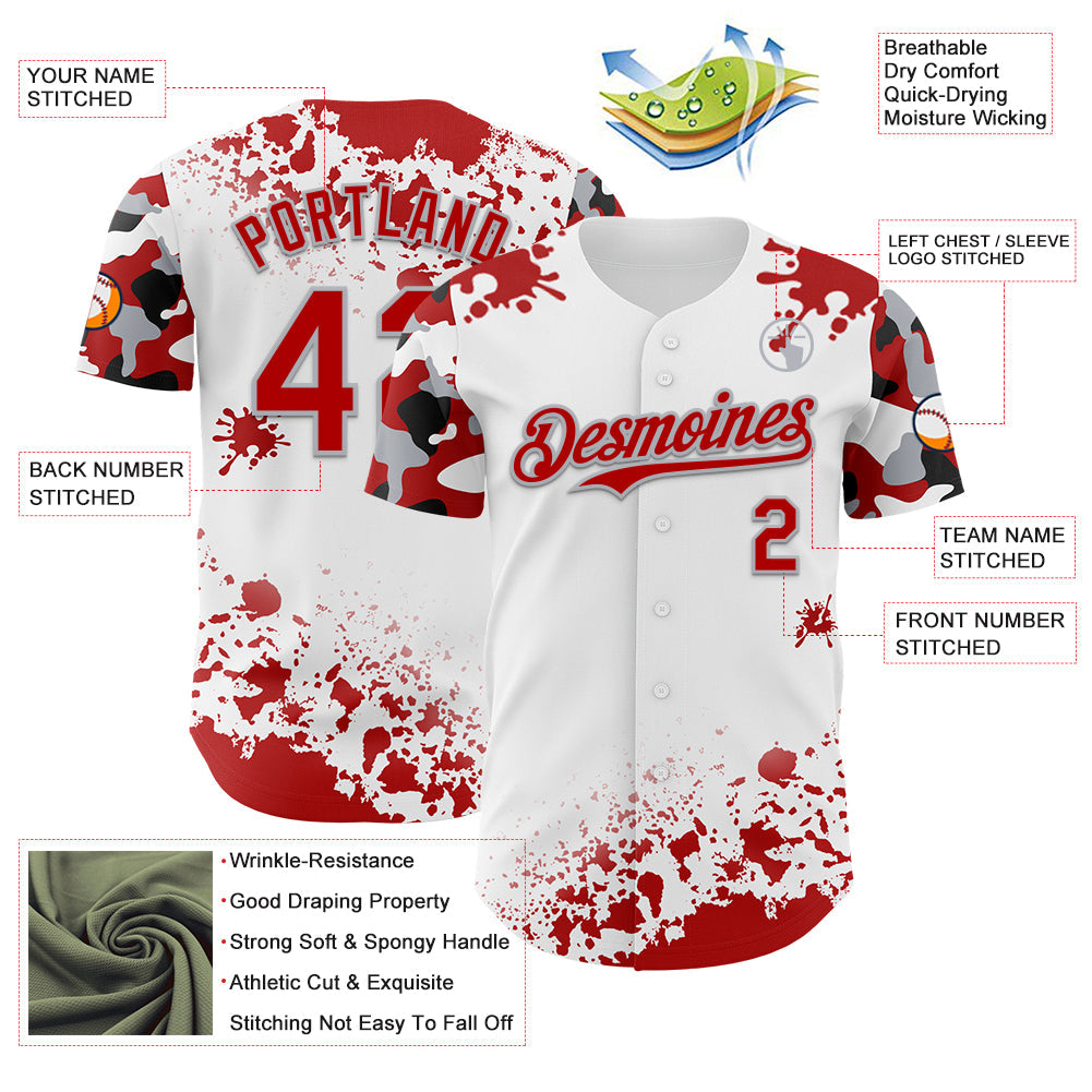 Custom White Red Gray-Black Splatter Camo Two Tone Authentic Baseball Jersey baseball jersey product view 3