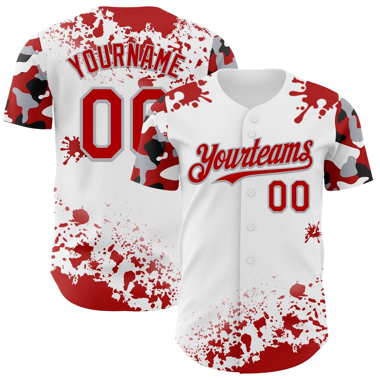 Custom White Red Gray-Black Splatter Camo Two Tone Authentic Baseball Jersey baseball jersey product view 1