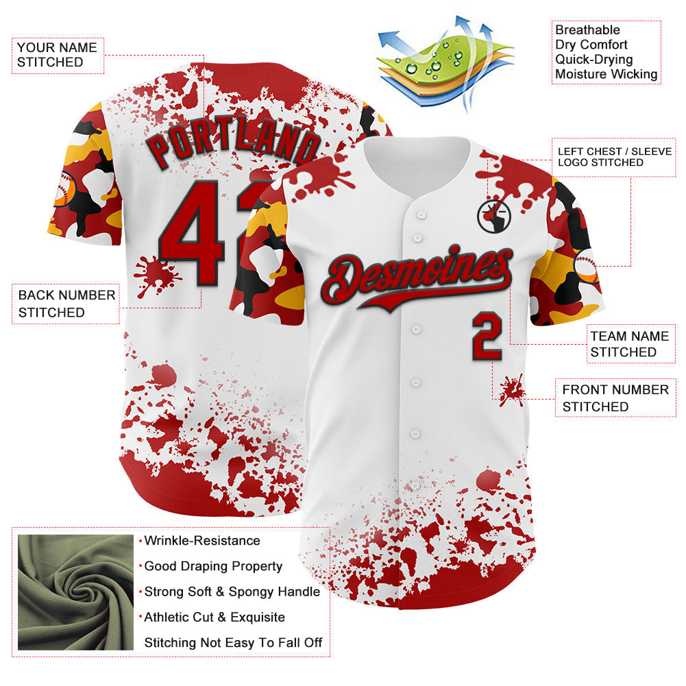 Custom White Red Black-Yellow Splatter Camo Two Tone Authentic Baseball Jersey baseball jersey product view 3