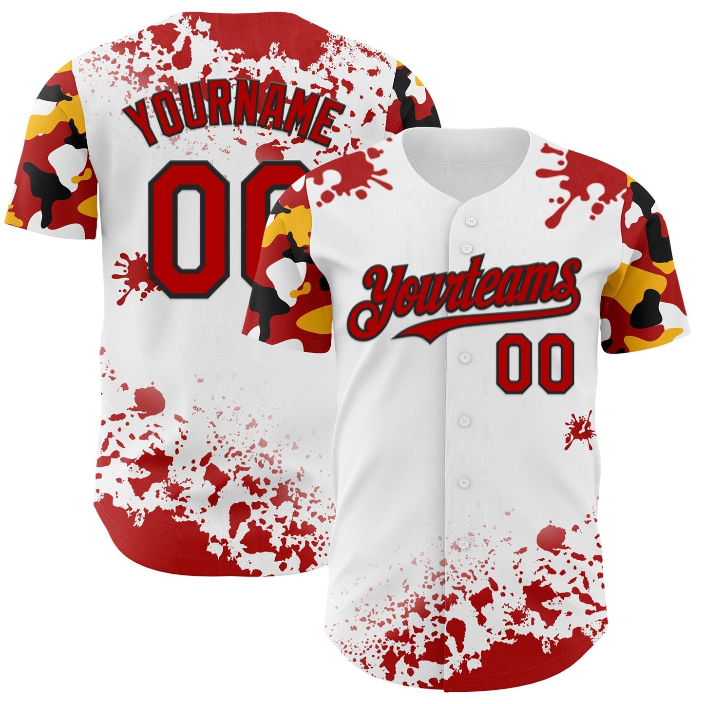 Custom White Red Black-Yellow Splatter Camo Two Tone Authentic Baseball Jersey baseball jersey product view 1