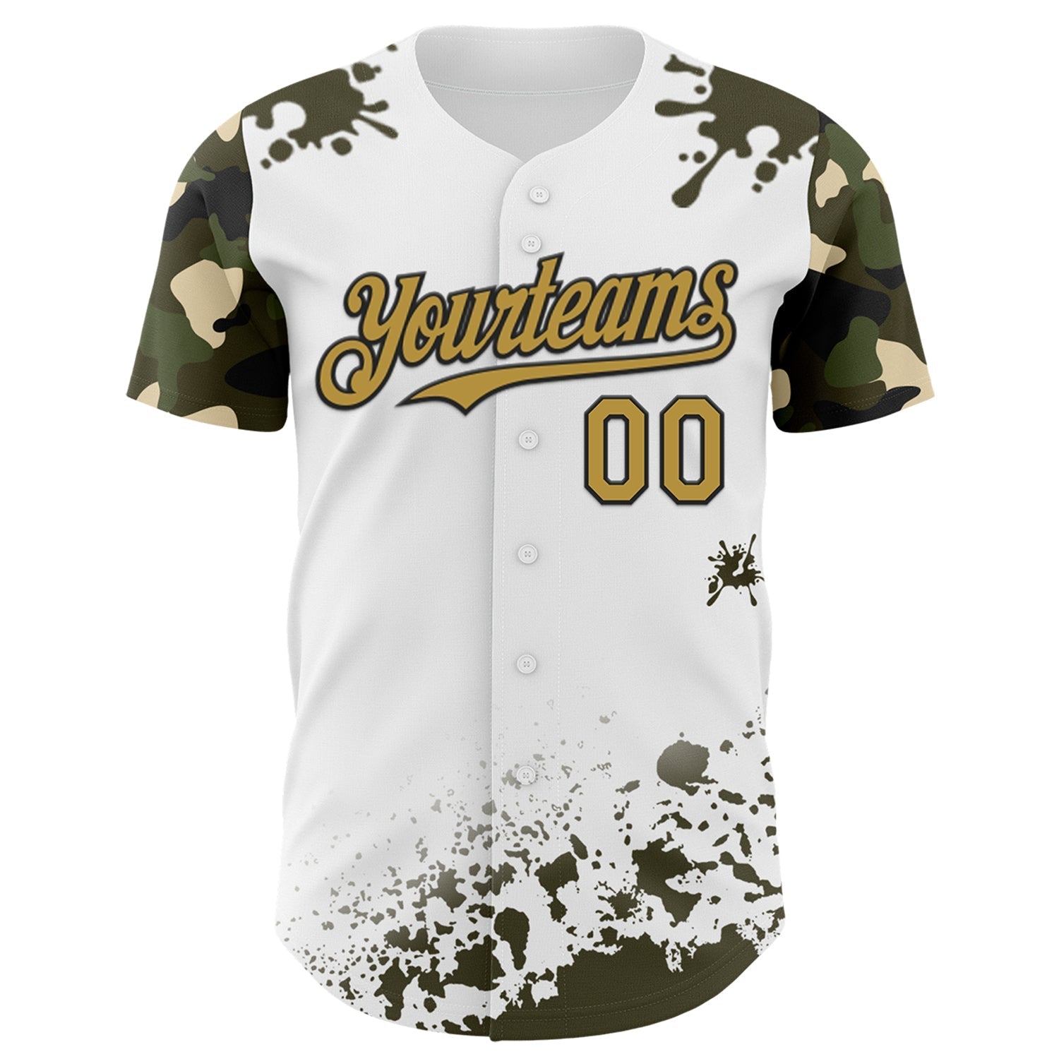 Custom White Old Gold Black-Olive Splatter Camo Two Tone Authentic Baseball Jersey baseball jersey product view 2