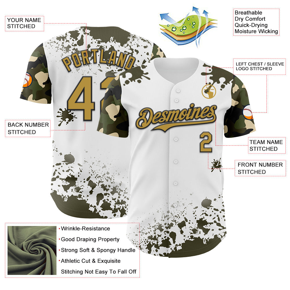 Custom White Old Gold Black-Olive Splatter Camo Two Tone Authentic Baseball Jersey baseball jersey product view 3