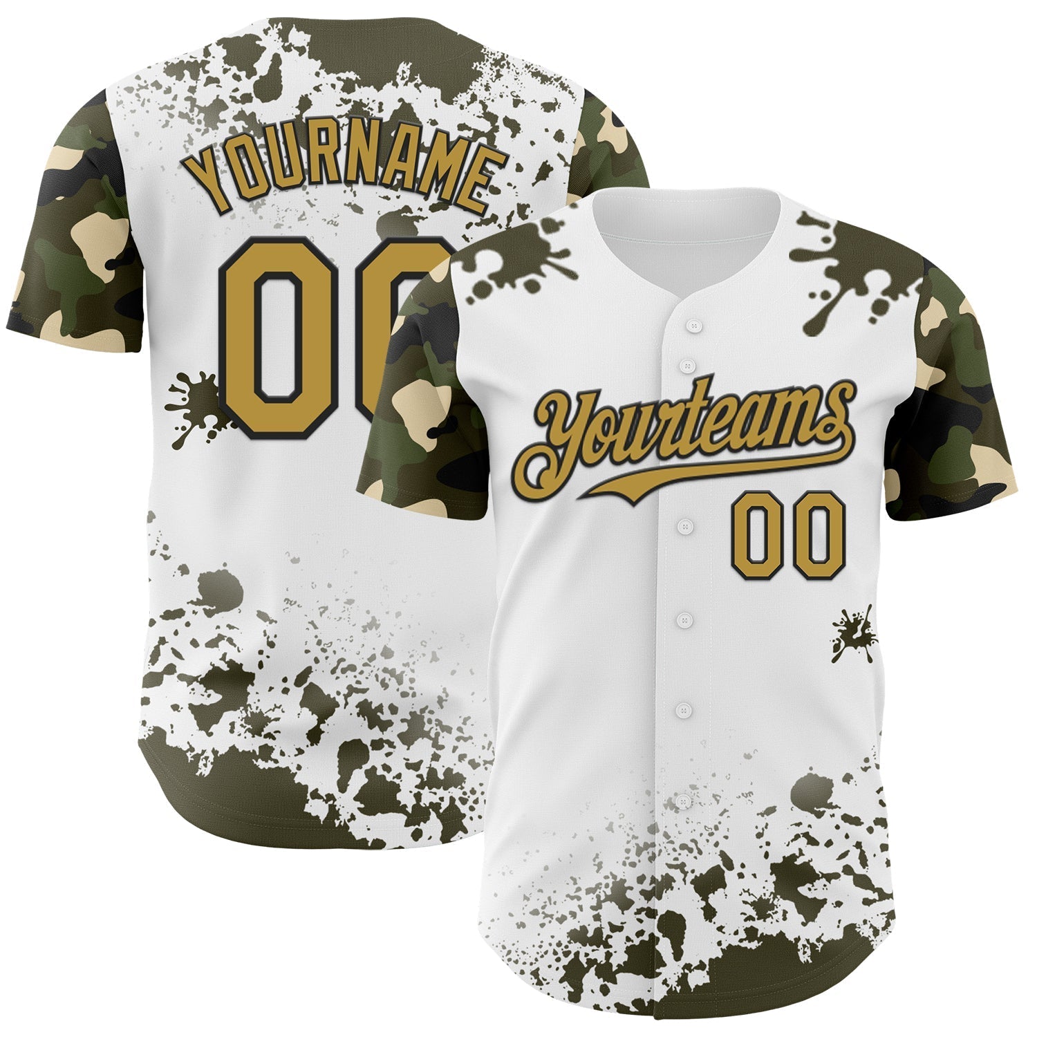 Custom White Old Gold Black-Olive Splatter Camo Two Tone Authentic Baseball Jersey baseball jersey product view 1