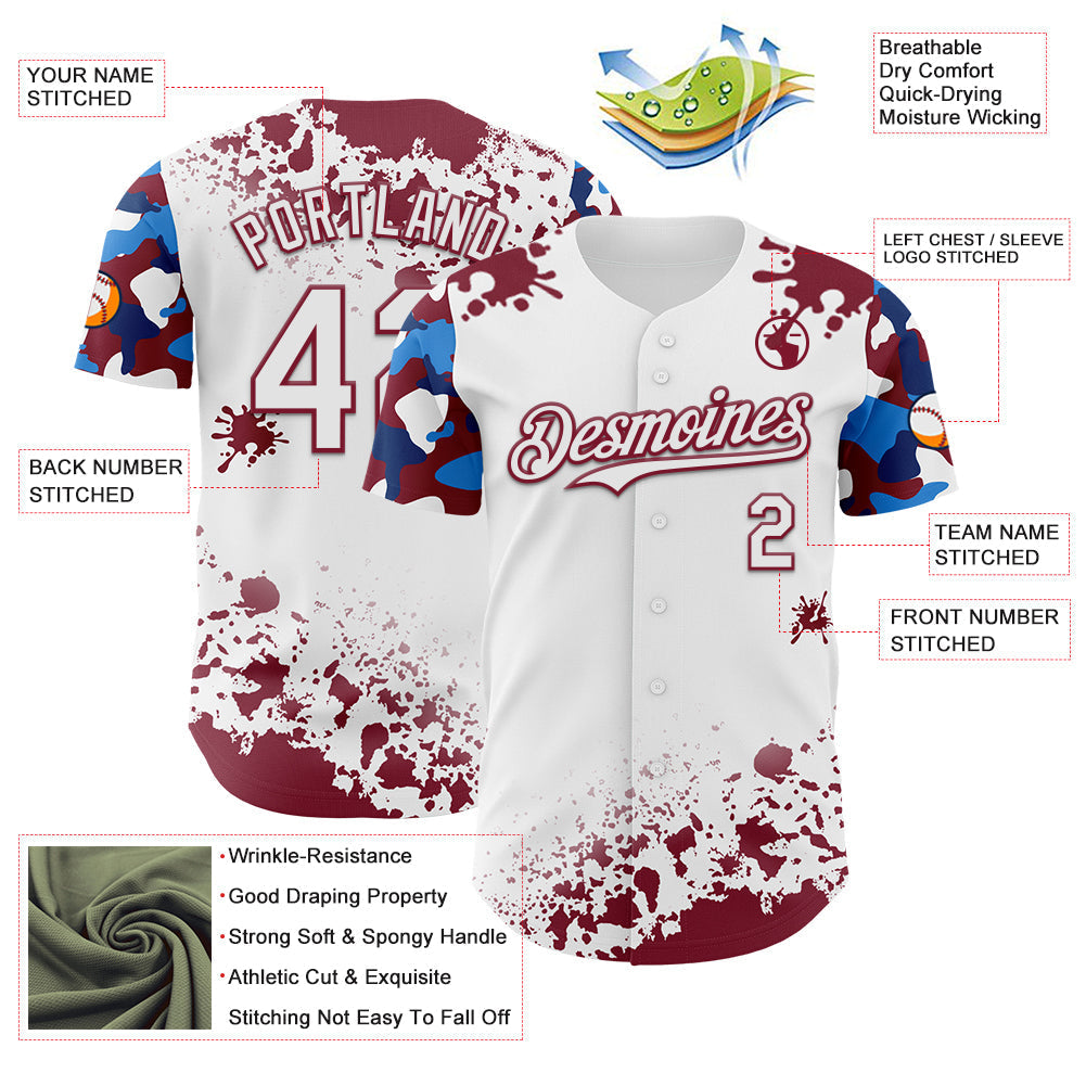 Custom White Crimson-Blue Splatter Camo Two Tone Authentic Baseball Jersey baseball jersey product view 3