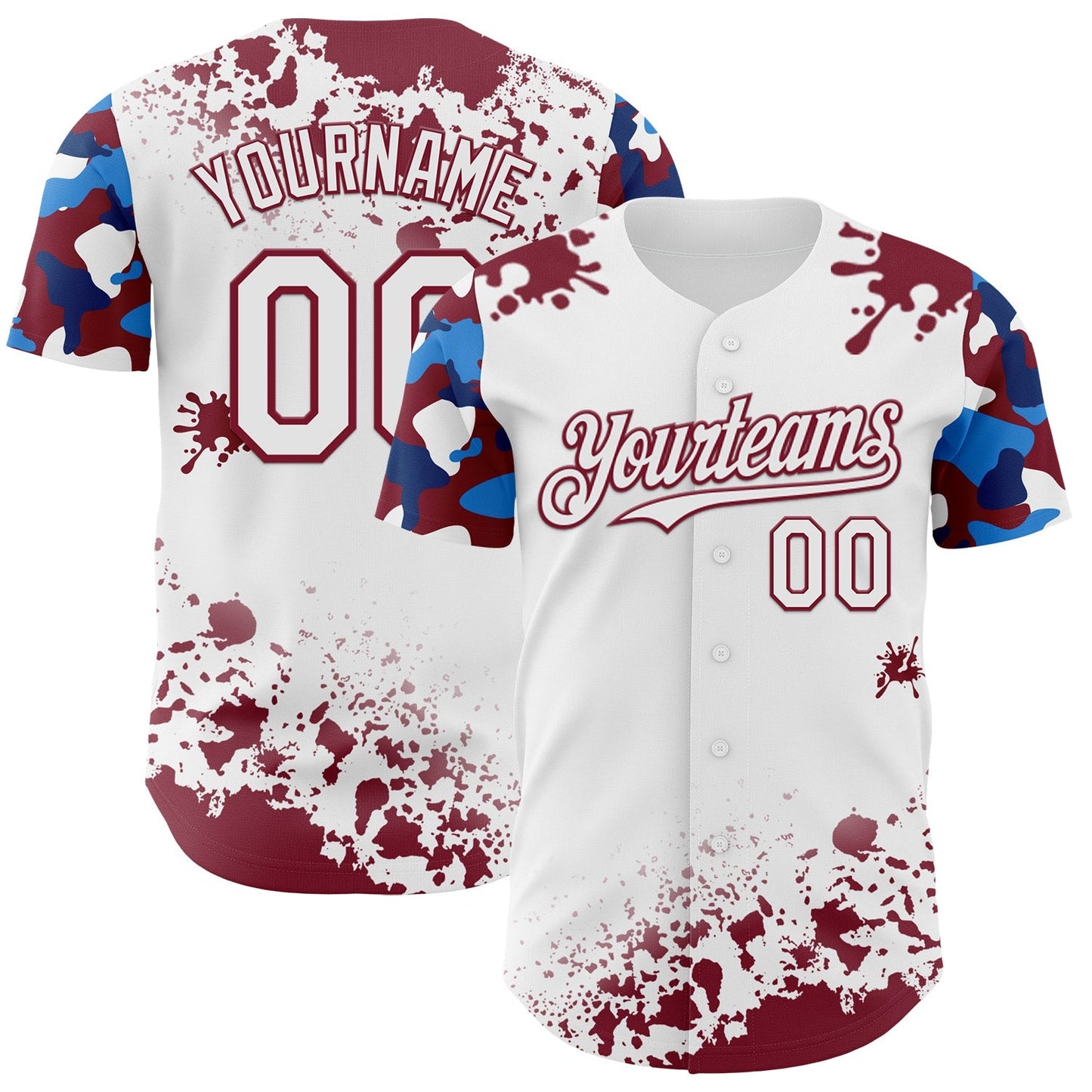 Custom White Crimson-Blue Splatter Camo Two Tone Authentic Baseball Jersey baseball jersey product view 1