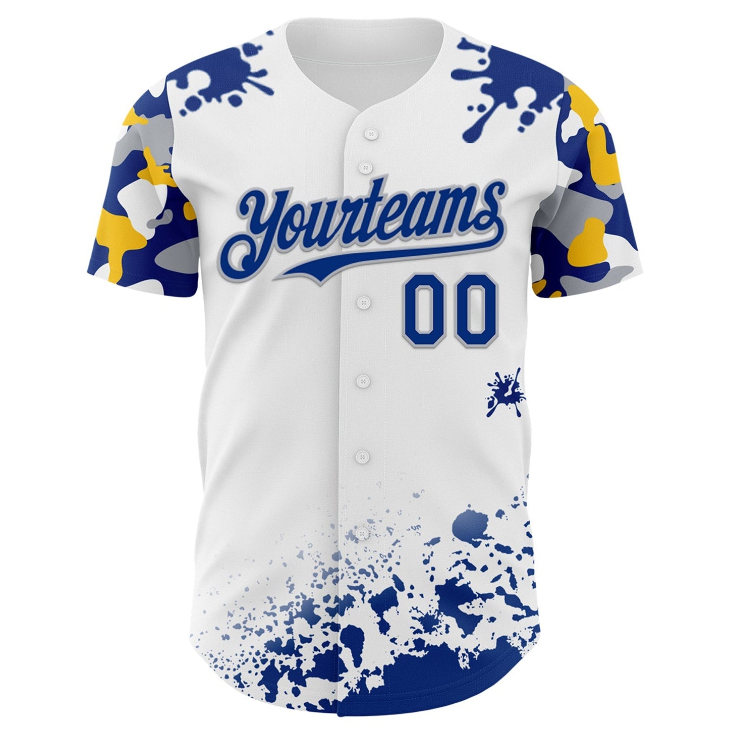 Custom White Royal Gray-Yellow Splatter Camo Two Tone Authentic Baseball Jersey baseball jersey product view 2