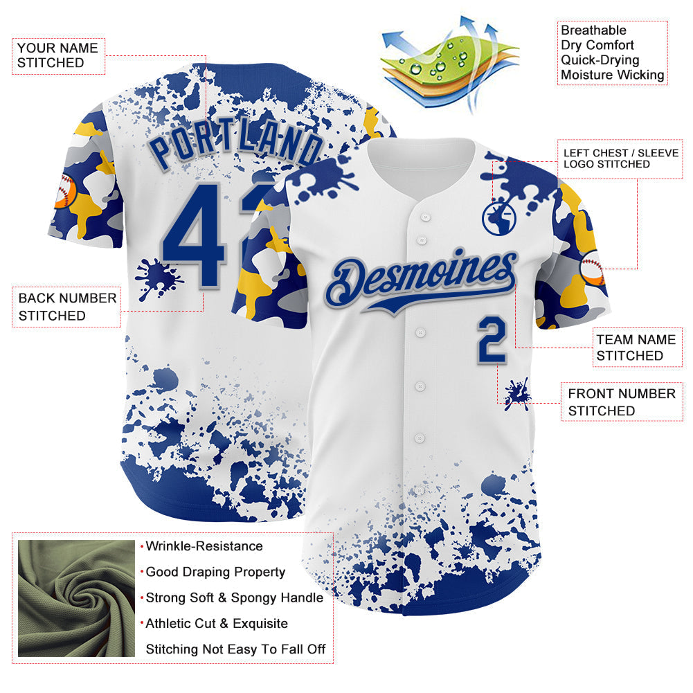 Custom White Royal Gray-Yellow Splatter Camo Two Tone Authentic Baseball Jersey baseball jersey product view 3