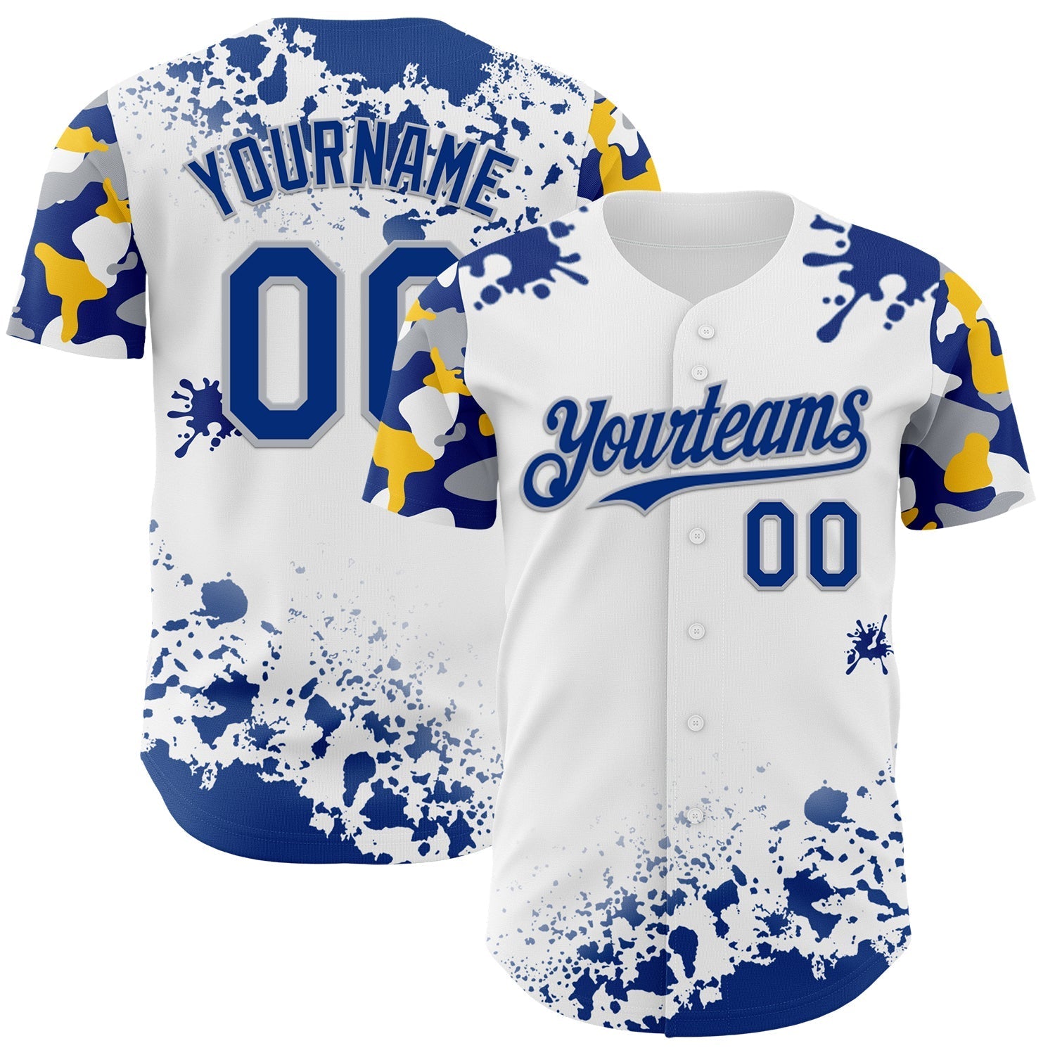 Custom White Royal Gray-Yellow Splatter Camo Two Tone Authentic Baseball Jersey baseball jersey product view 1