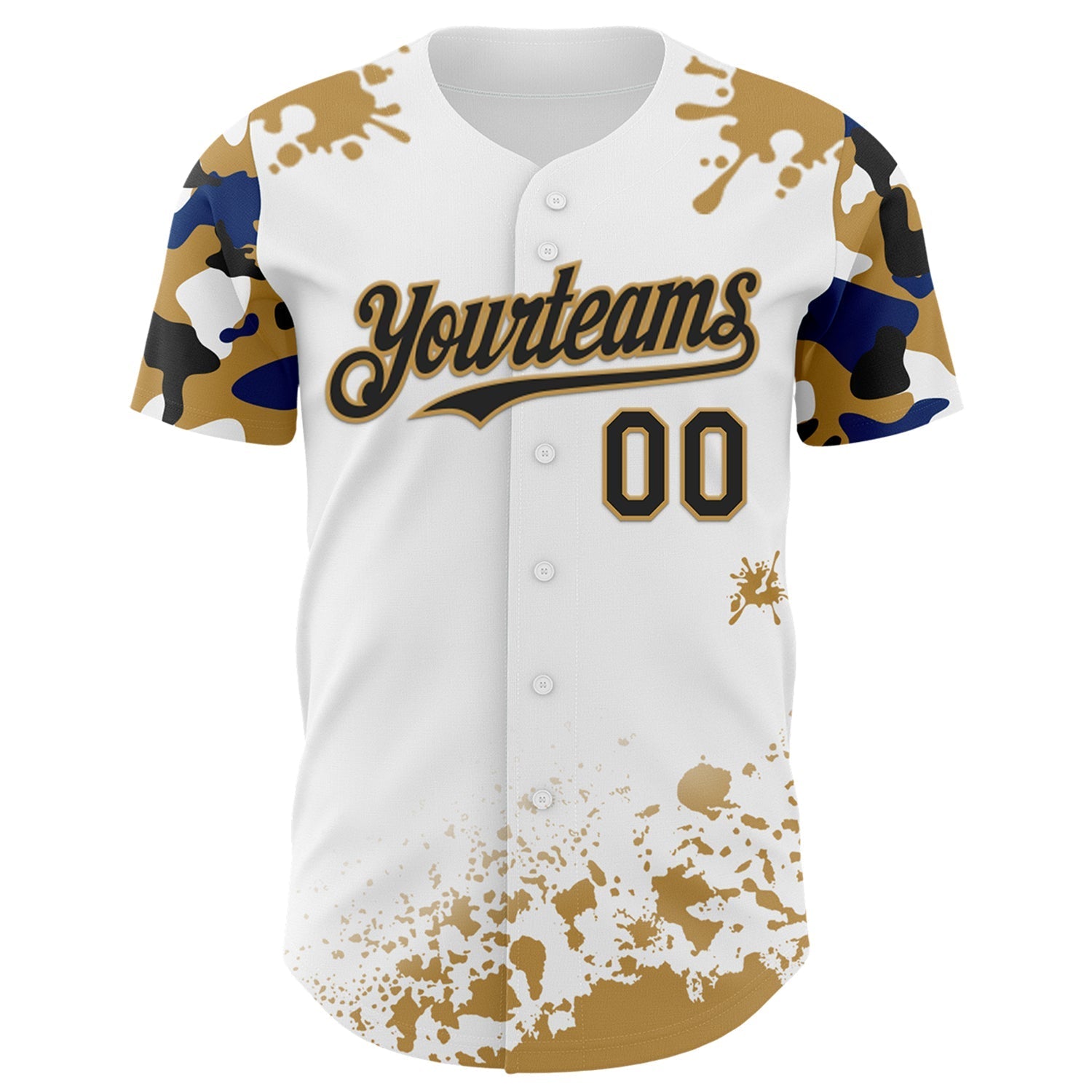 Custom White Black Old Gold-Blue Splatter Camo Two Tone Authentic Baseball Jersey baseball jersey product view 2