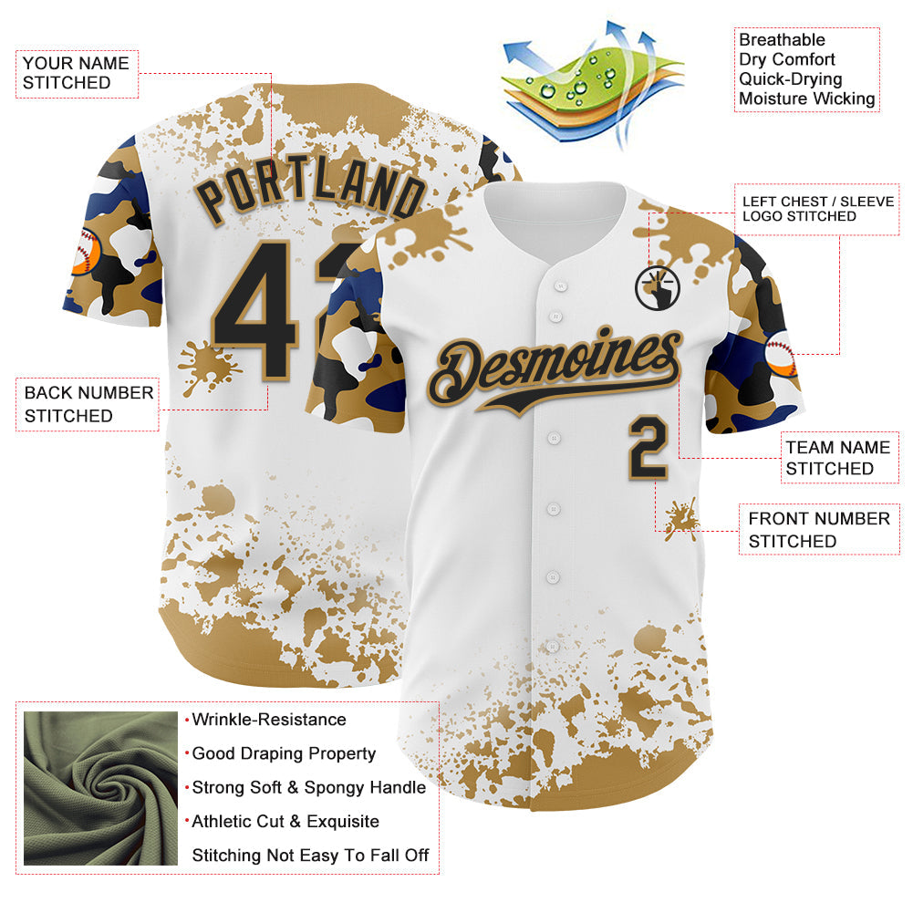 Custom White Black Old Gold-Blue Splatter Camo Two Tone Authentic Baseball Jersey baseball jersey product view 3
