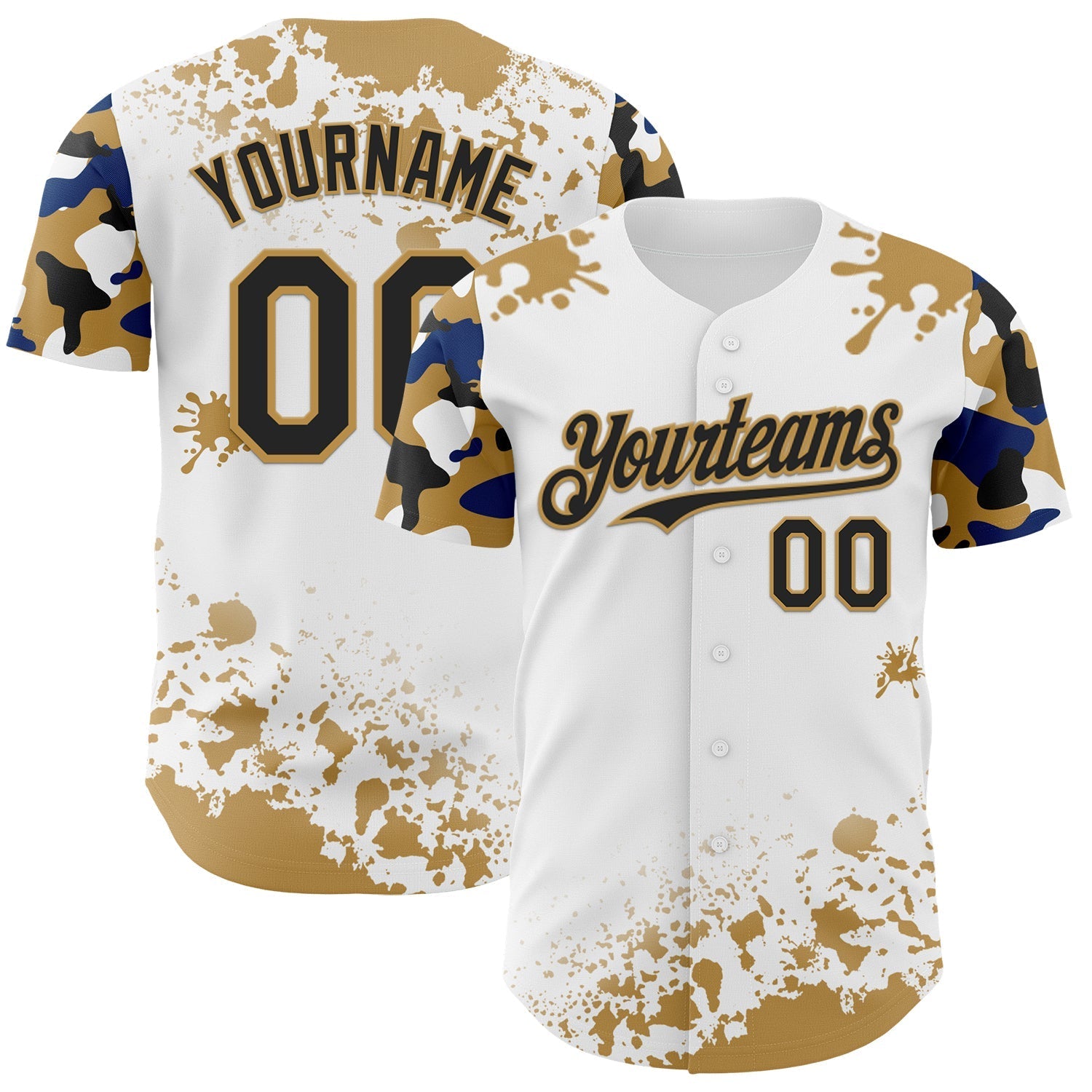 Custom White Black Old Gold-Blue Splatter Camo Two Tone Authentic Baseball Jersey baseball jersey product view 1