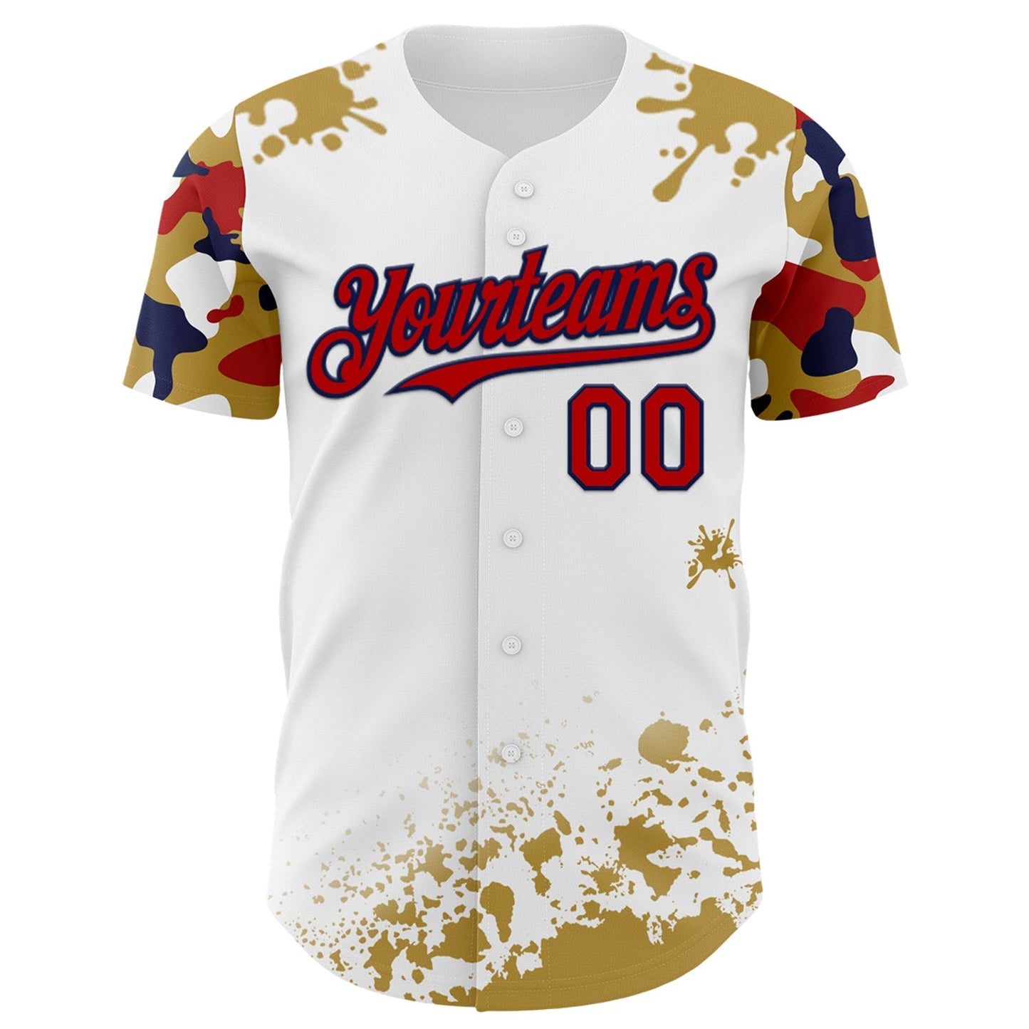 Custom White Red Navy-Old Gold Splatter Camo Two Tone Authentic Baseball Jersey baseball jersey product view 2