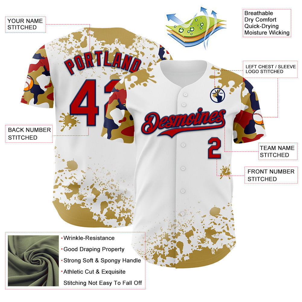 Custom White Red Navy-Old Gold Splatter Camo Two Tone Authentic Baseball Jersey baseball jersey product view 3