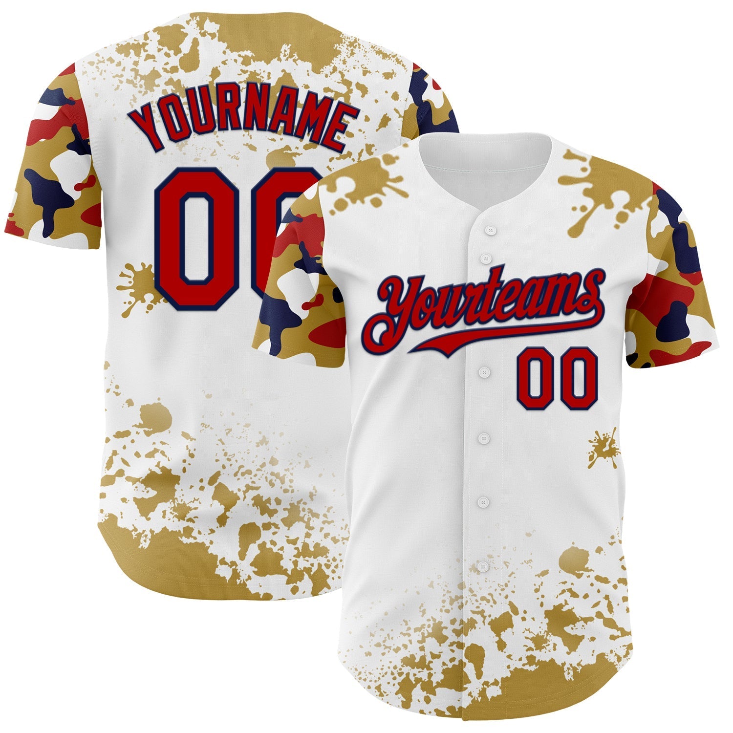 Custom White Red Navy-Old Gold Splatter Camo Two Tone Authentic Baseball Jersey baseball jersey product view 1