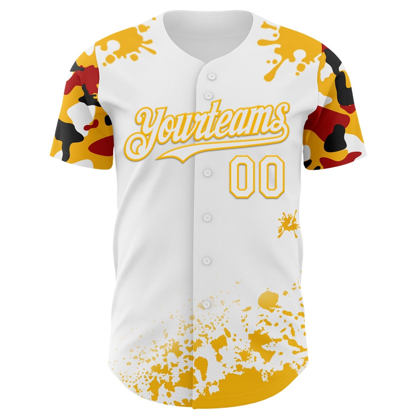 Custom White Gold Red-Black Splatter Camo Two Tone Authentic Baseball Jersey baseball jersey product view 2