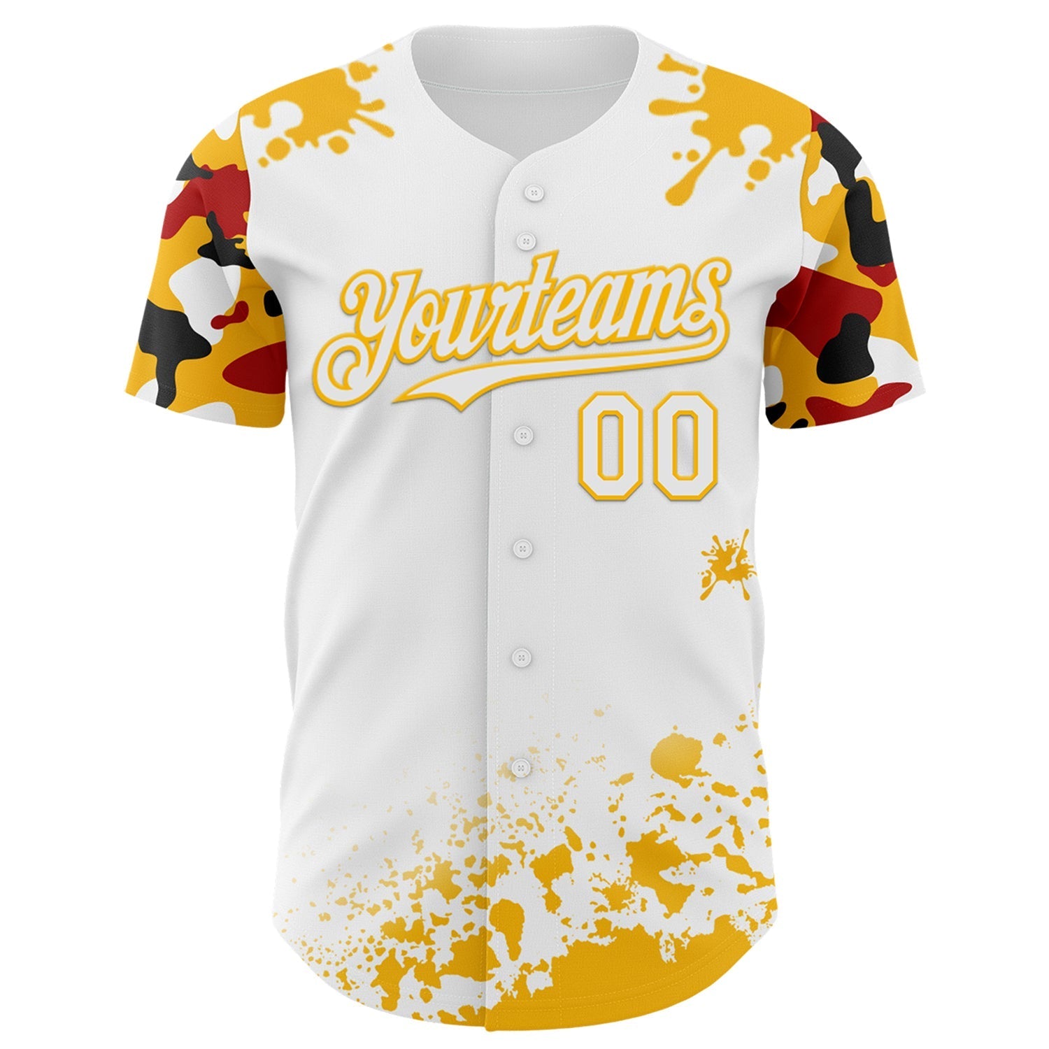 Custom White Gold Red-Black Splatter Camo Two Tone Authentic Baseball Jersey baseball jersey product view 2