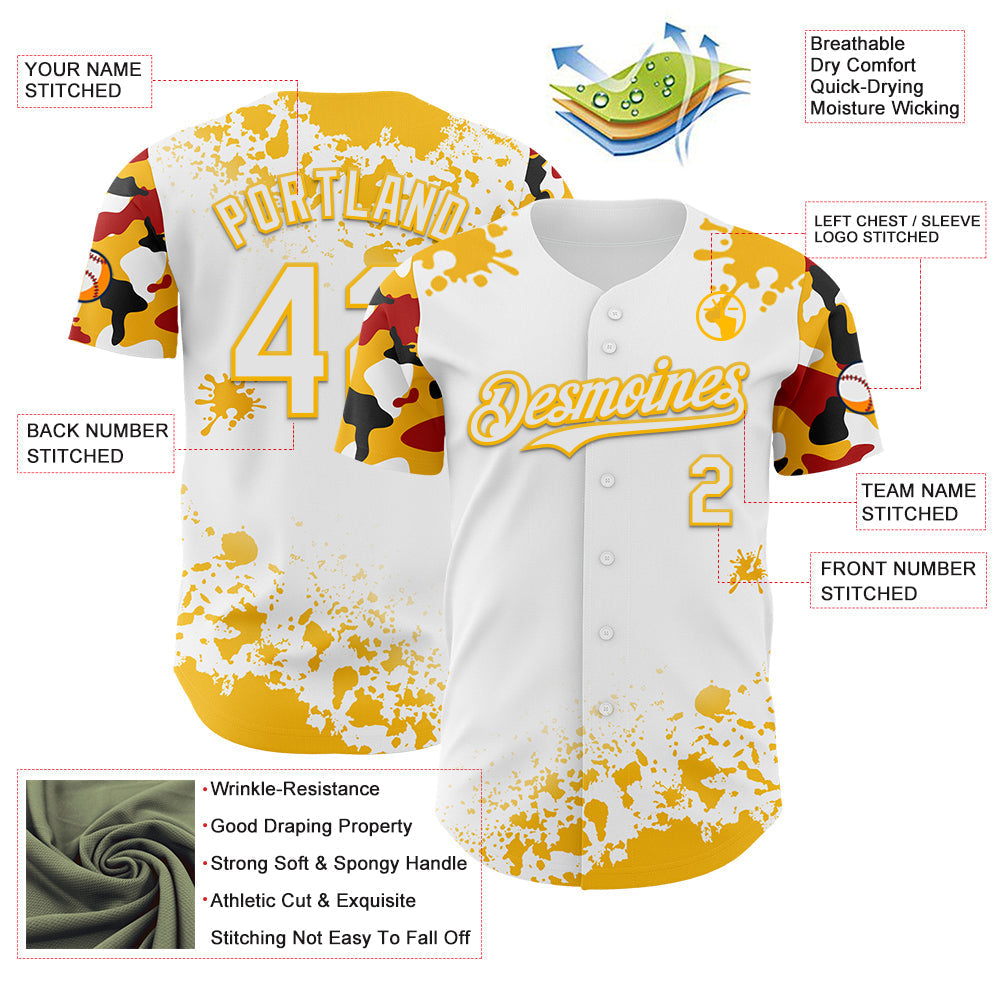 Custom White Gold Red-Black Splatter Camo Two Tone Authentic Baseball Jersey baseball jersey product view 3
