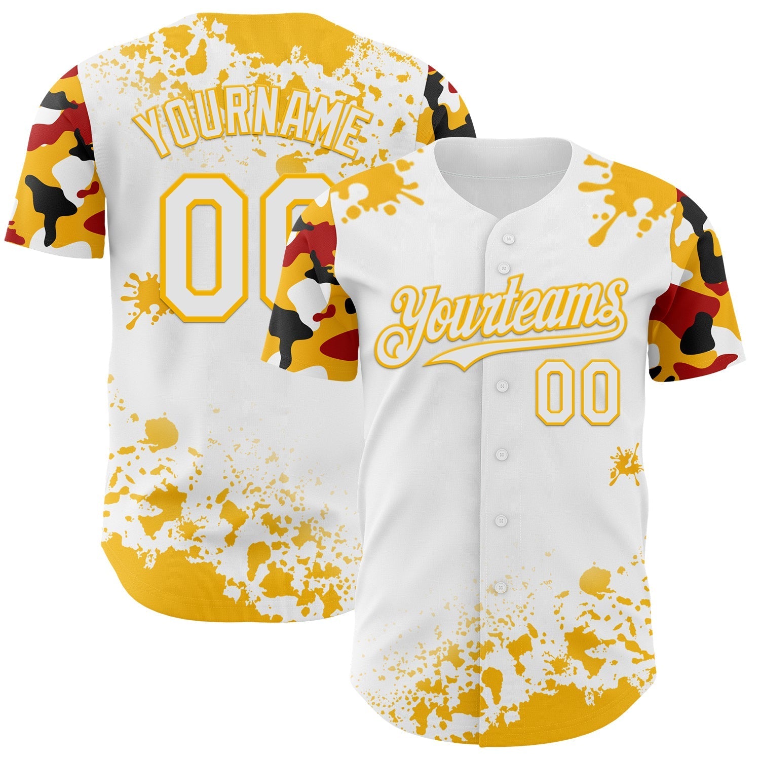 Custom White Gold Red-Black Splatter Camo Two Tone Authentic Baseball Jersey baseball jersey product view 1