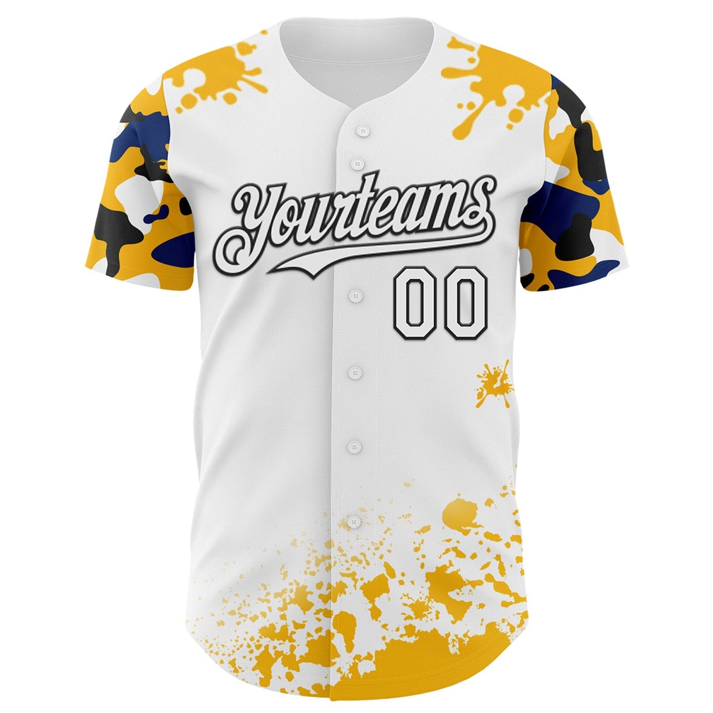 Custom White Black Gold-Blue Splatter Camo Two Tone Authentic Baseball Jersey baseball jersey product view 2