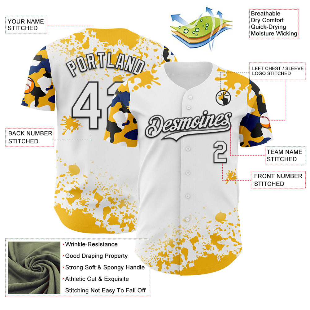 Custom White Black Gold-Blue Splatter Camo Two Tone Authentic Baseball Jersey baseball jersey product view 3