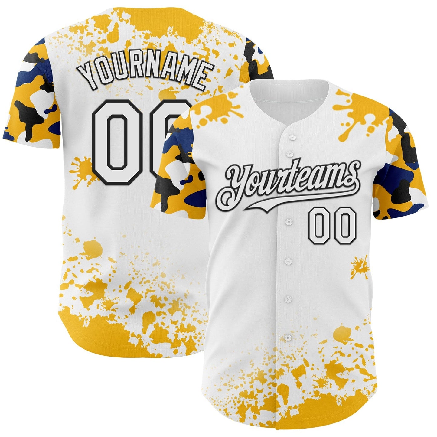 Custom White Black Gold-Blue Splatter Camo Two Tone Authentic Baseball Jersey baseball jersey product view 1