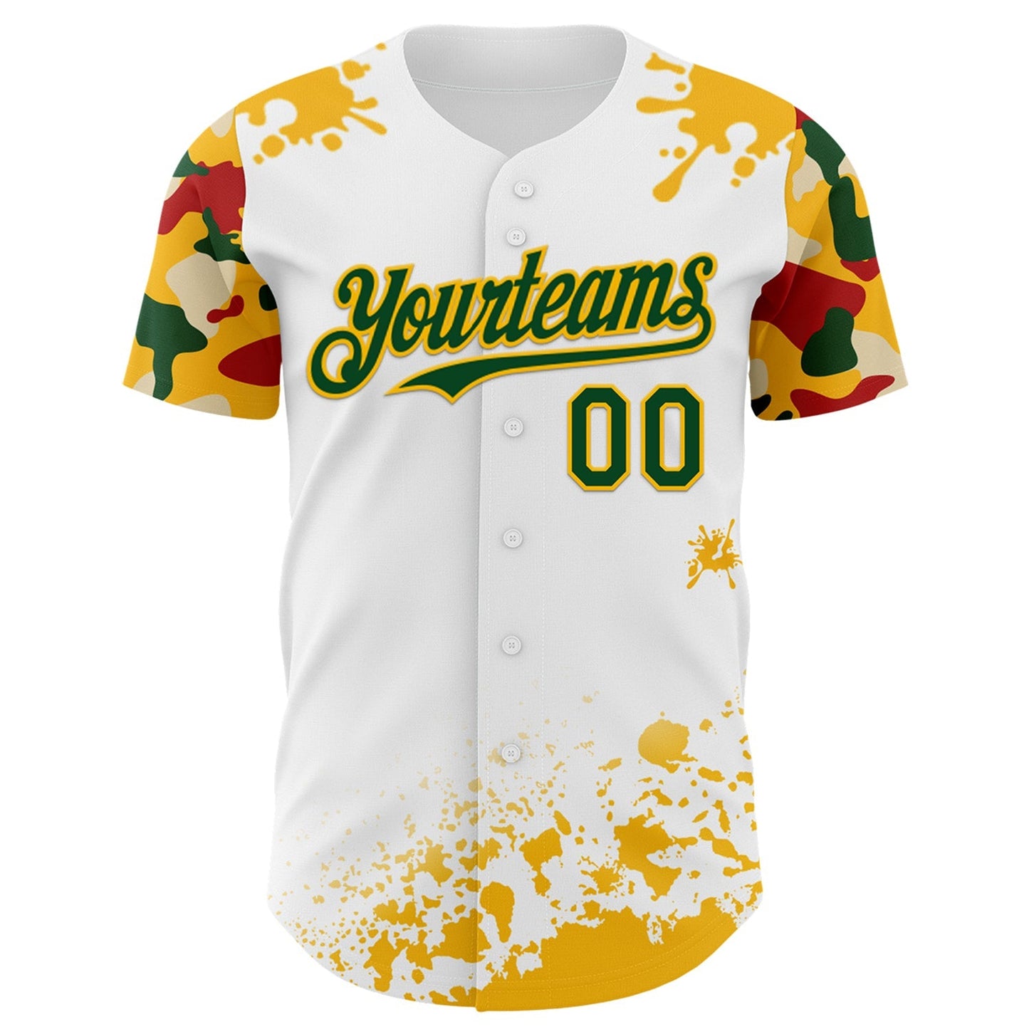 Custom White Green Gold-Red Splatter Camo Two Tone Authentic Baseball Jersey baseball jersey product view 2