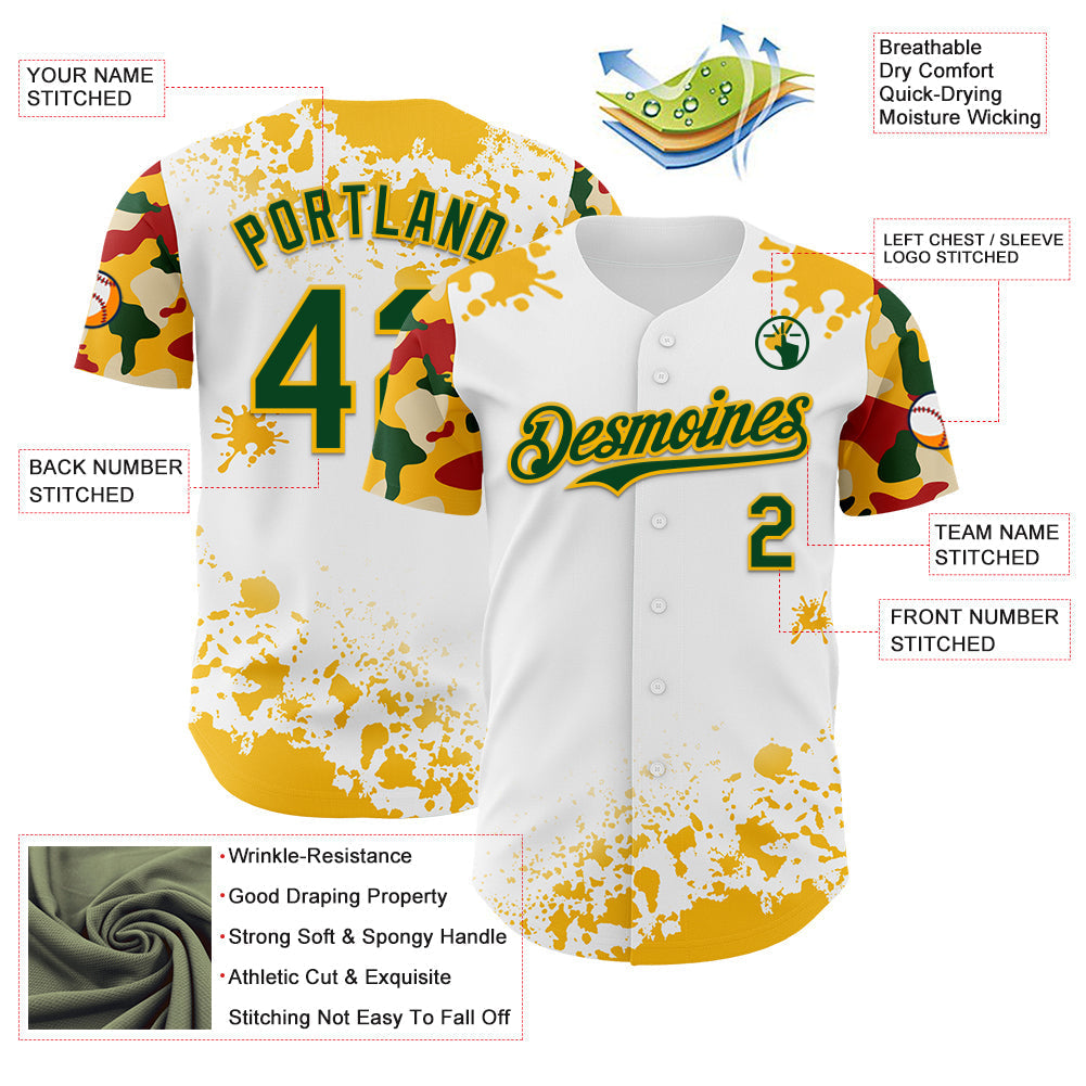 Custom White Green Gold-Red Splatter Camo Two Tone Authentic Baseball Jersey baseball jersey product view 3