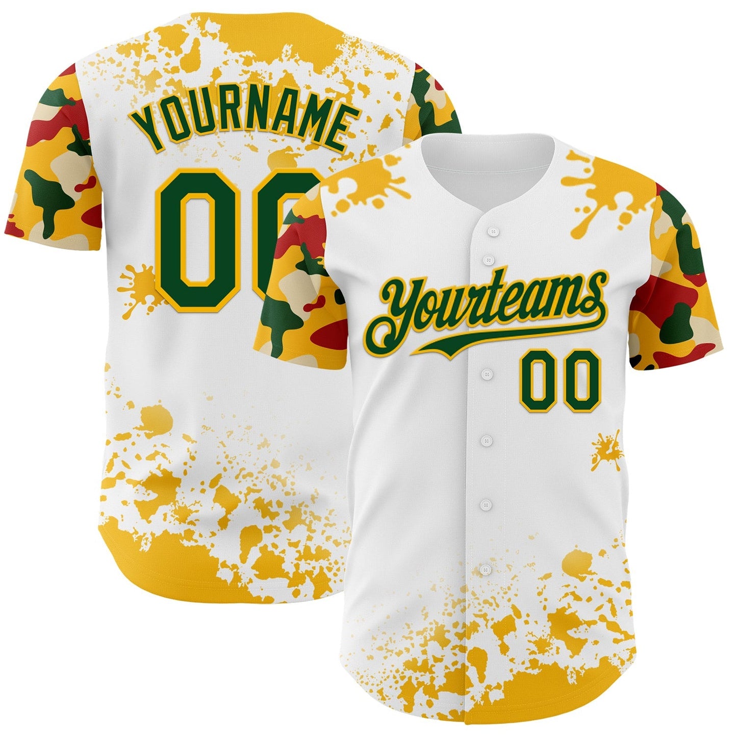 Custom White Green Gold-Red Splatter Camo Two Tone Authentic Baseball Jersey baseball jersey product view 1