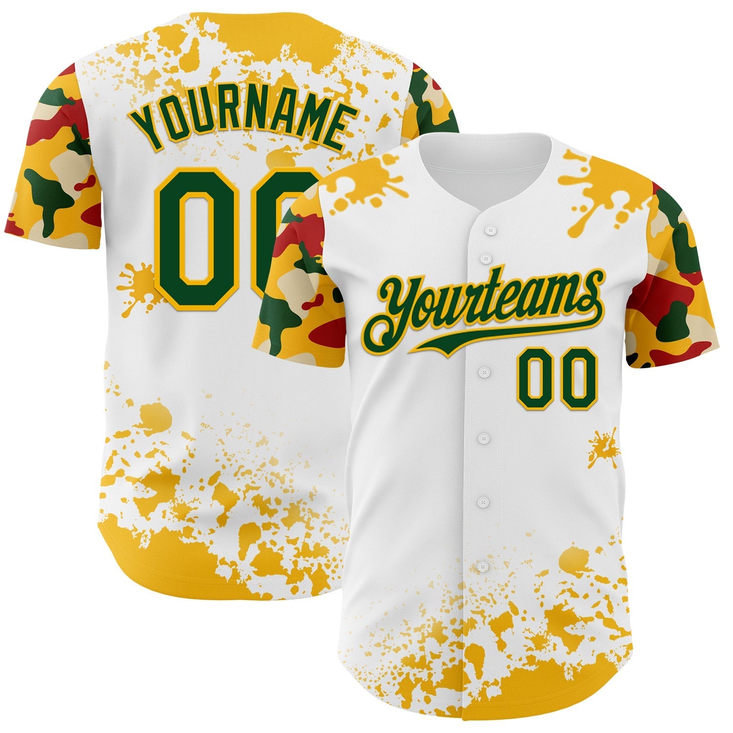 Custom White Green Gold-Red Splatter Camo Two Tone Authentic Baseball Jersey baseball jersey product view 1