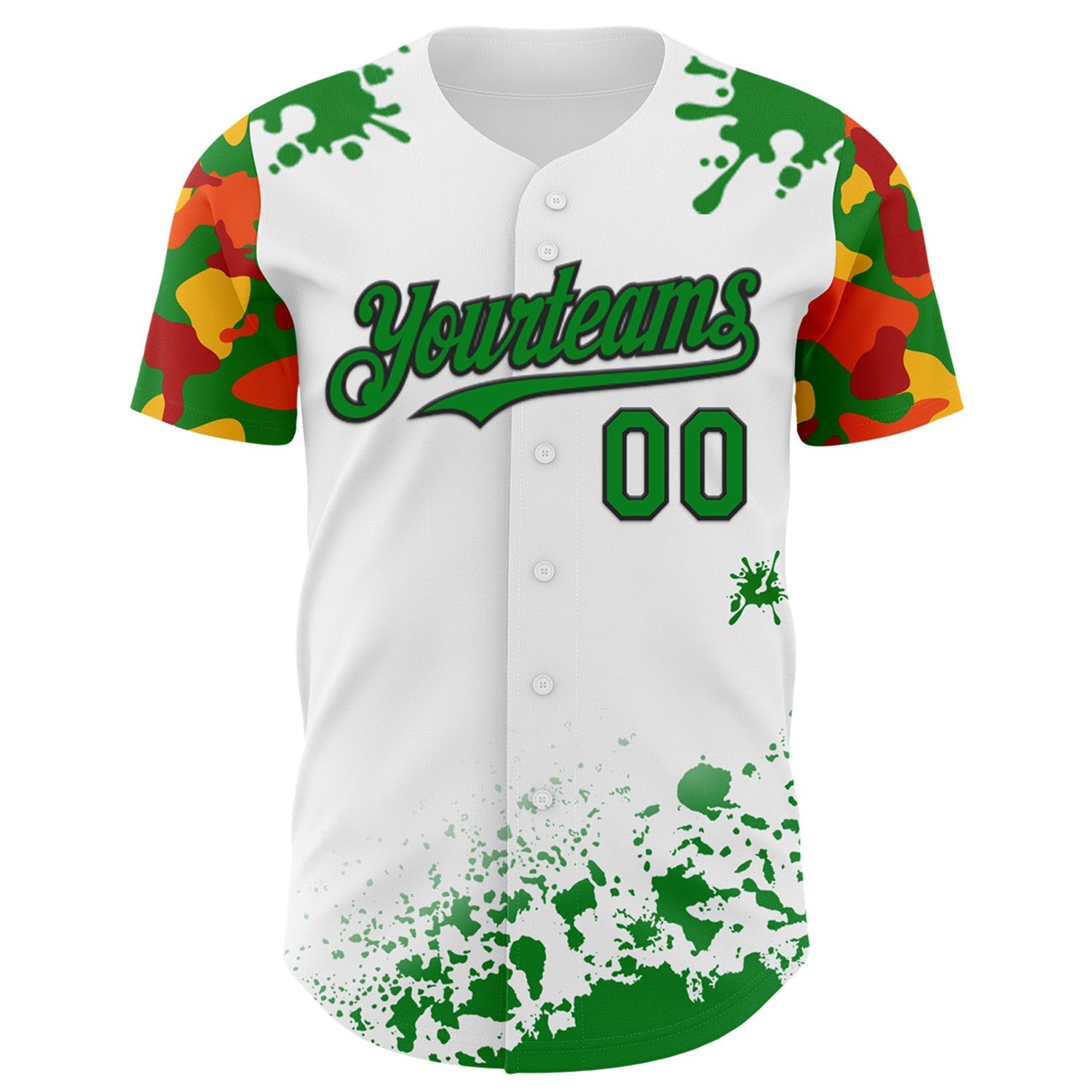 Custom White Grass Green Black Red-Yellow Splatter Camo Two Tone Authentic Baseball Jersey baseball jersey product view 2