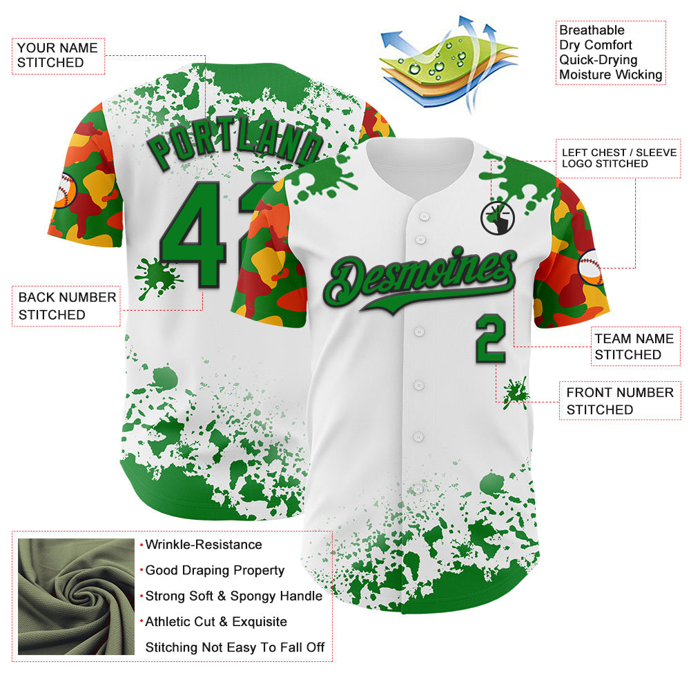 Custom White Grass Green Black Red-Yellow Splatter Camo Two Tone Authentic Baseball Jersey baseball jersey product view 3