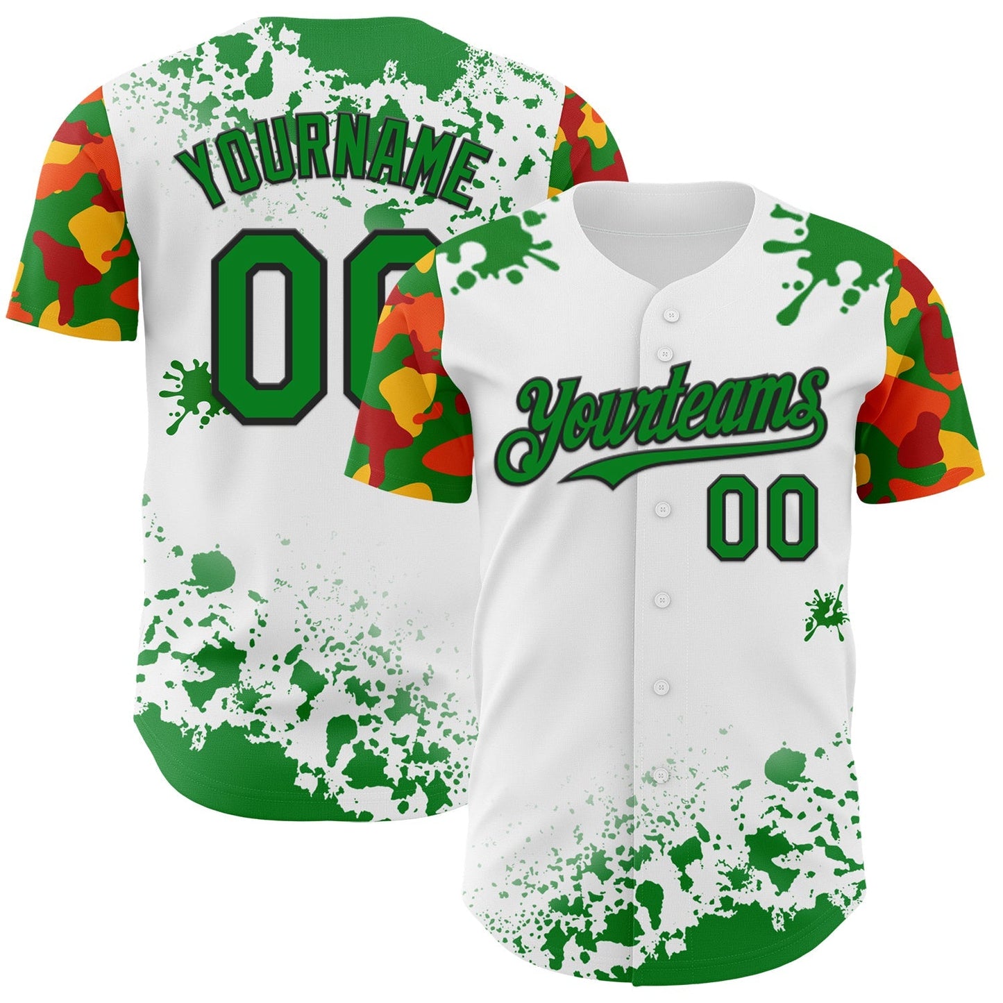 Custom White Grass Green Black Red-Yellow Splatter Camo Two Tone Authentic Baseball Jersey baseball jersey product view 1