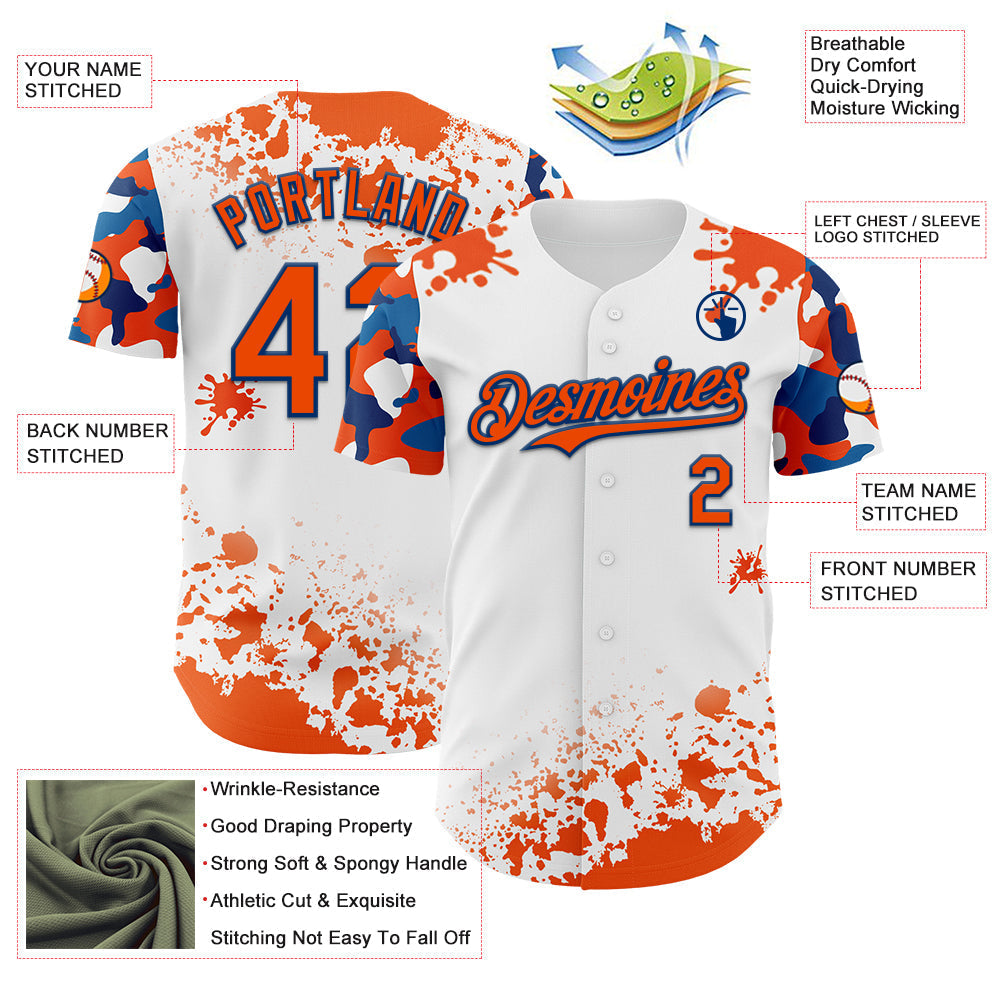 Custom White Orange-US Navy Blue Splatter Camo Two Tone Authentic Baseball Jersey baseball jersey product view 3